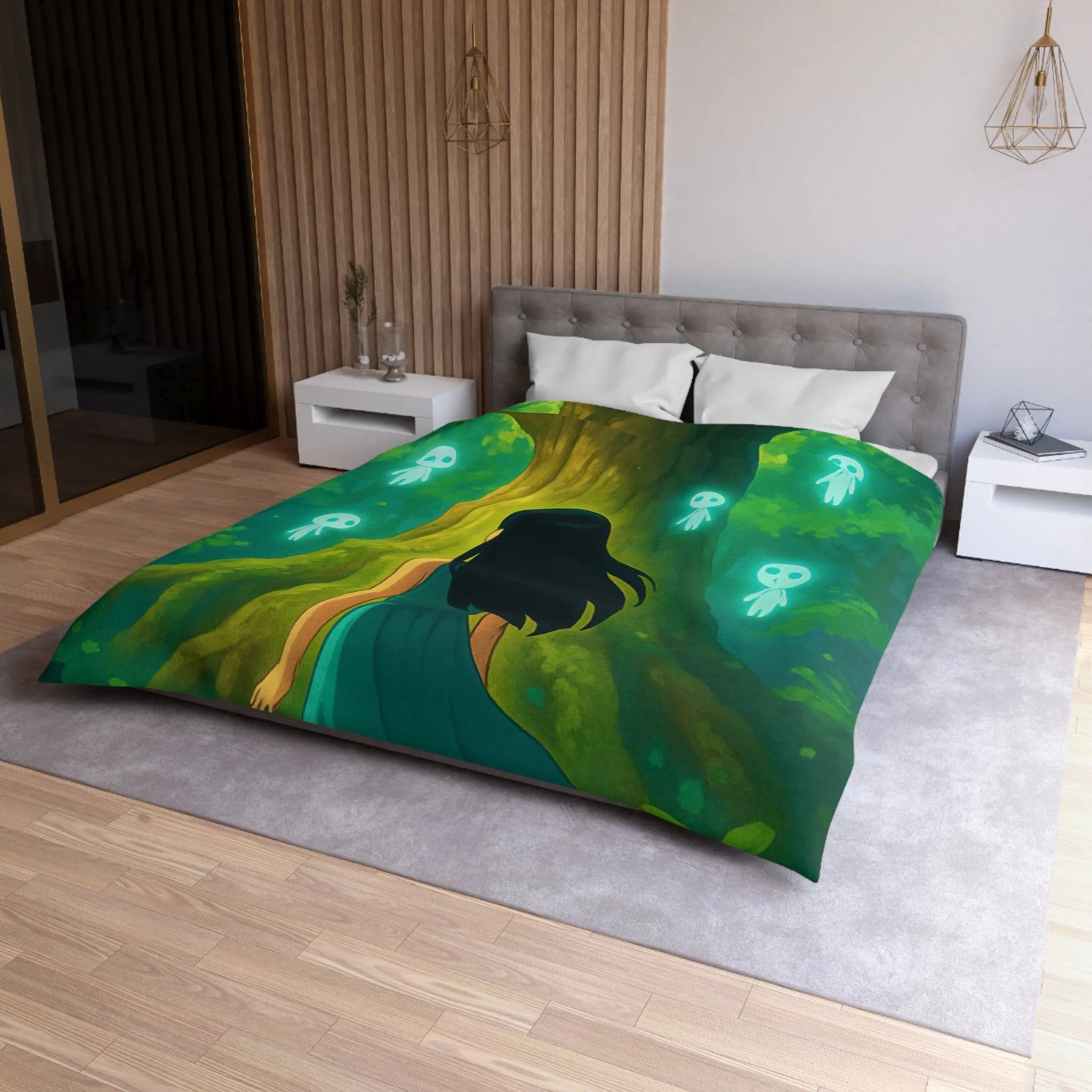 Housse de couette forêt mystique avec fille et esprits lumineux style onirique enchanteur