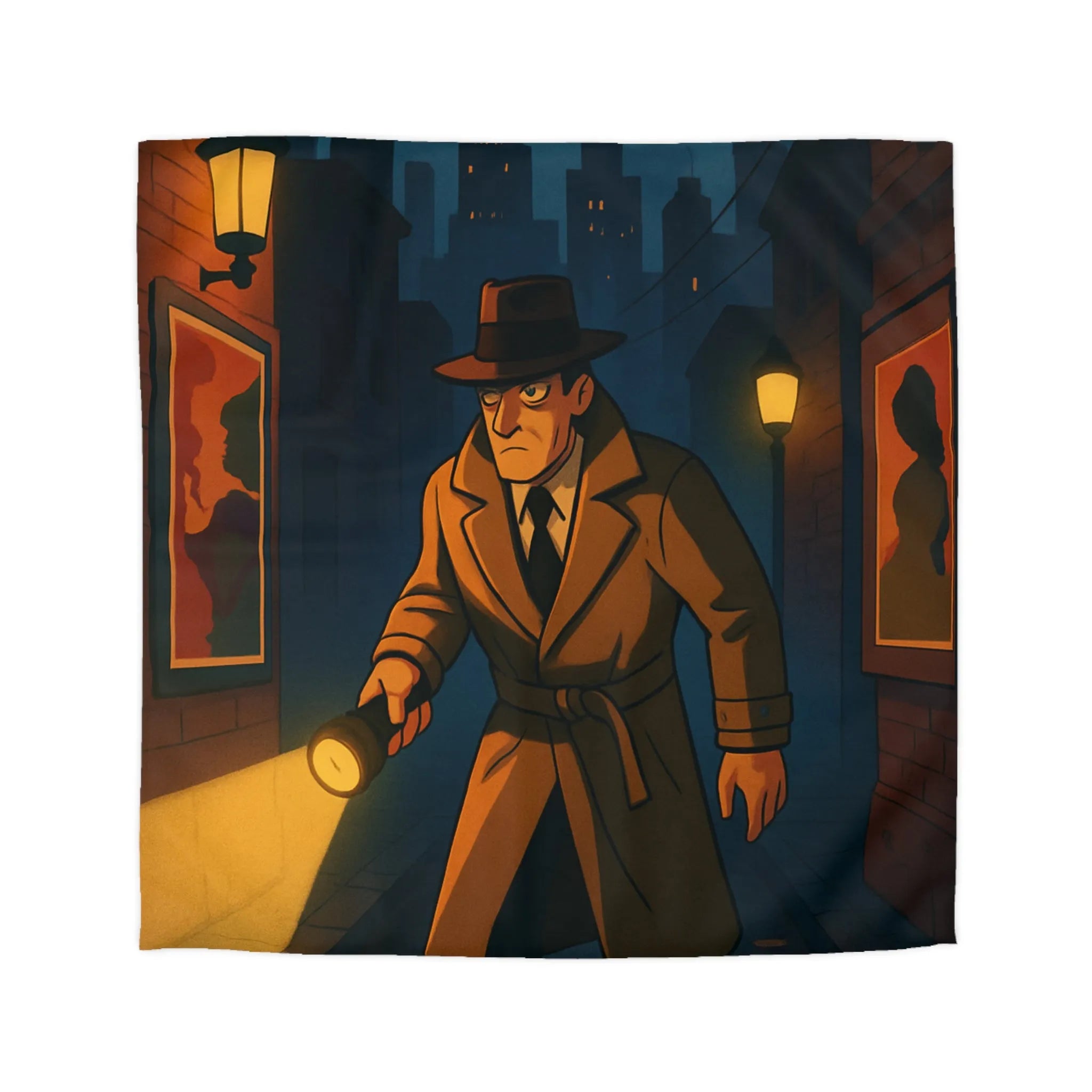 Housse de couette détective vintage explorant ruelle sombre sous pleine lune mystérieuse