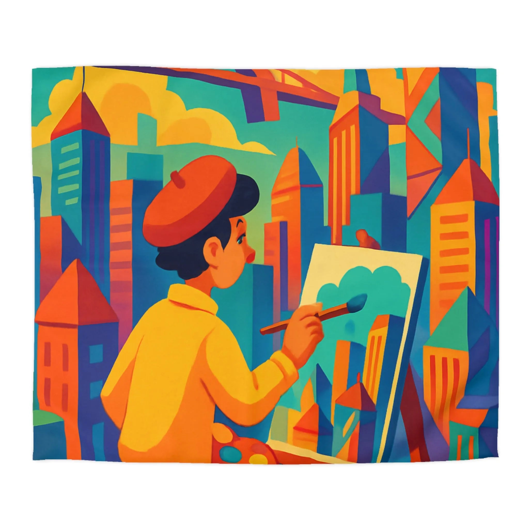 Housse de couette illustrée avec artiste et paysage urbain aux couleurs vibrantes