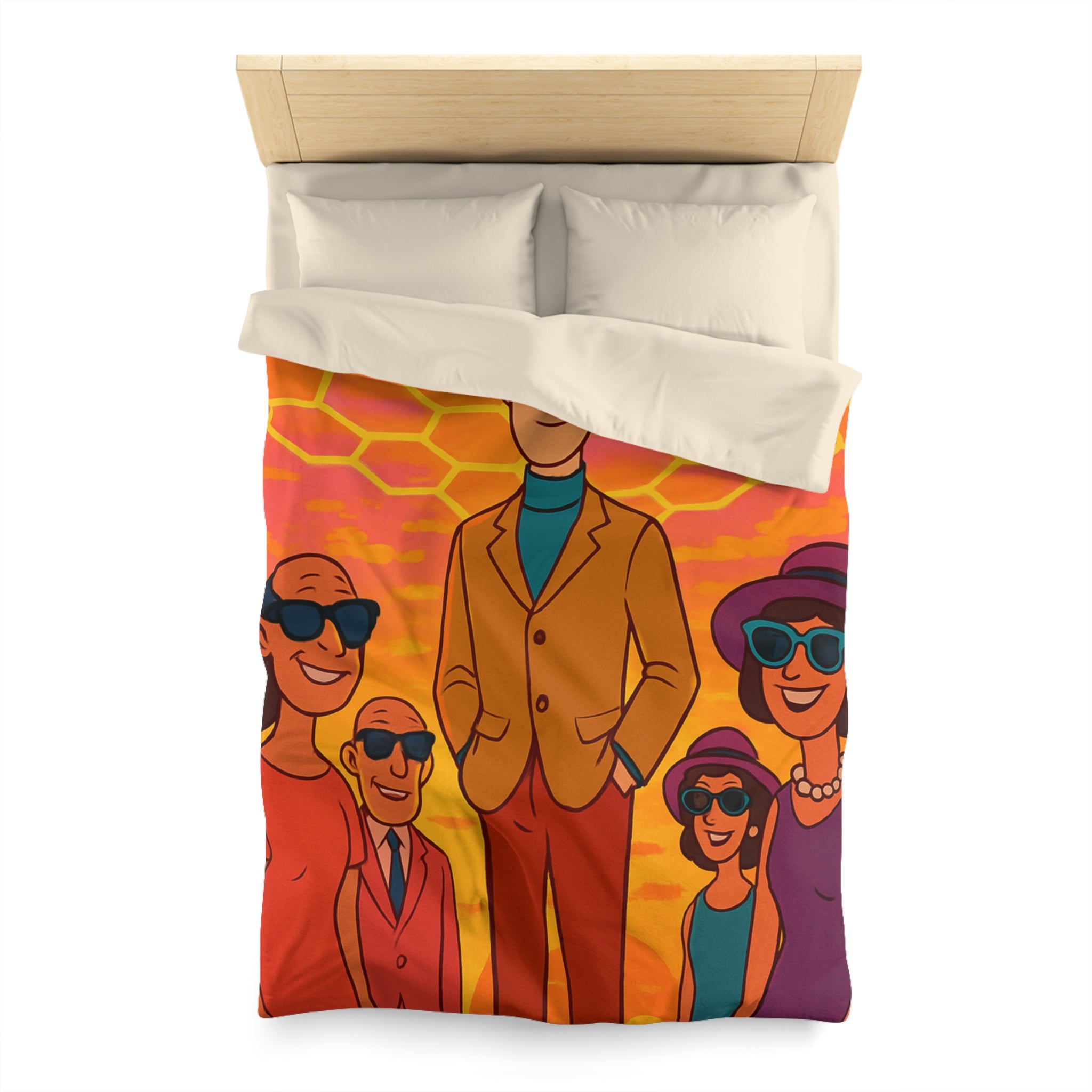 Motifs colorés hexagonaux vibrant avec personnages stylisés dans un paysage ensoleillé unique