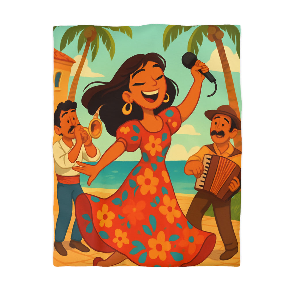 Housse de couette tropicale colorée avec danseuse et musiciens, ambiance joyeuse et festive