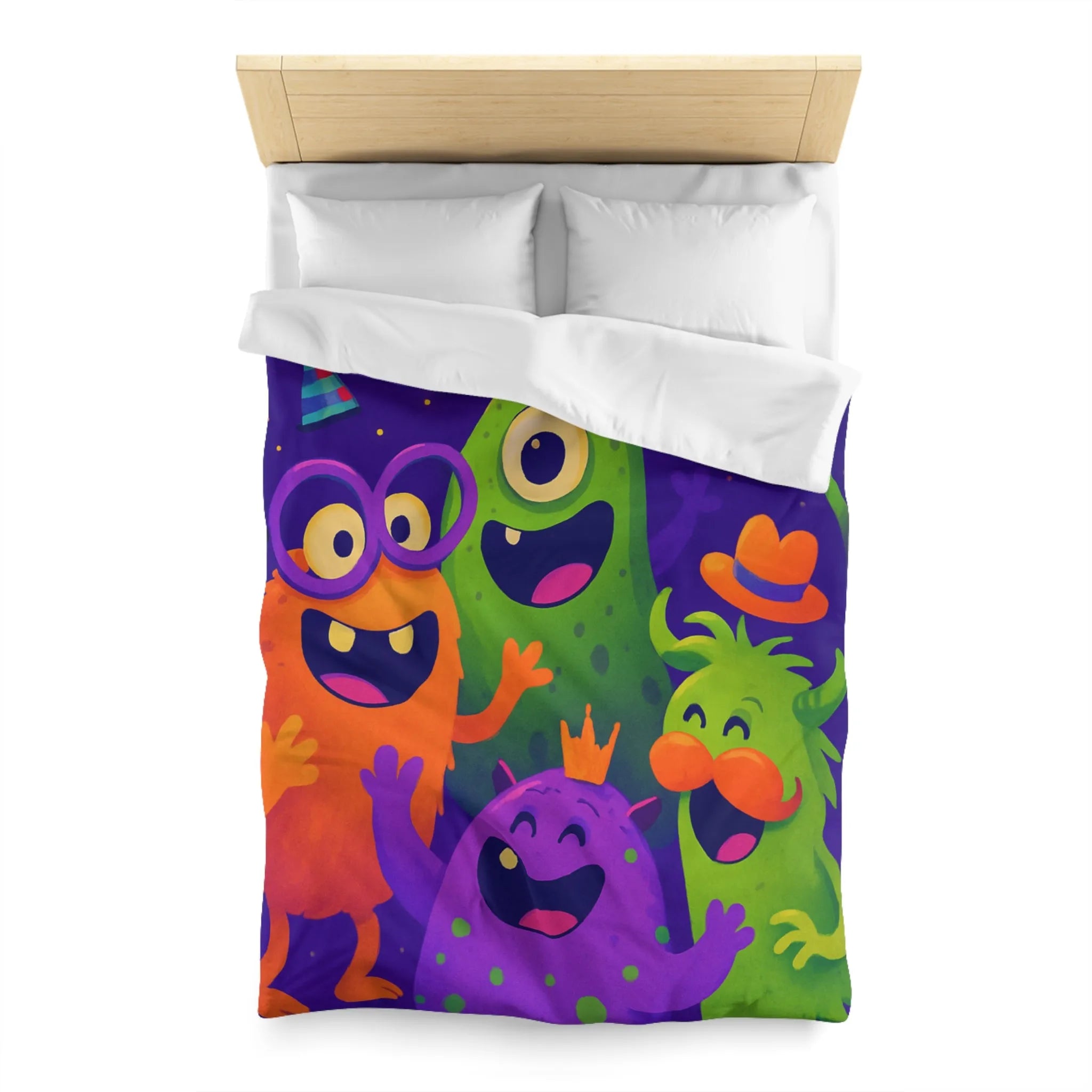 Housse de couette festive avec monstres colorés, ambiance joyeuse pour chambre d'enfant