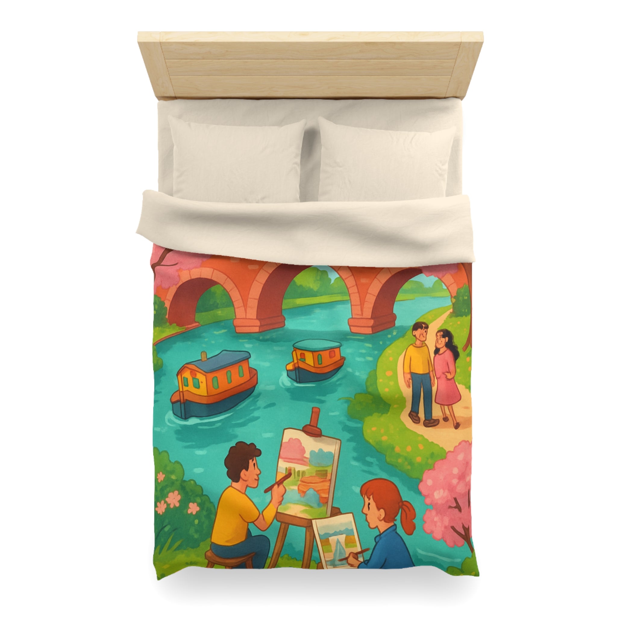 Housse de couette printemps campagne avec paysage pont, arbres en fleurs, artistes peignant