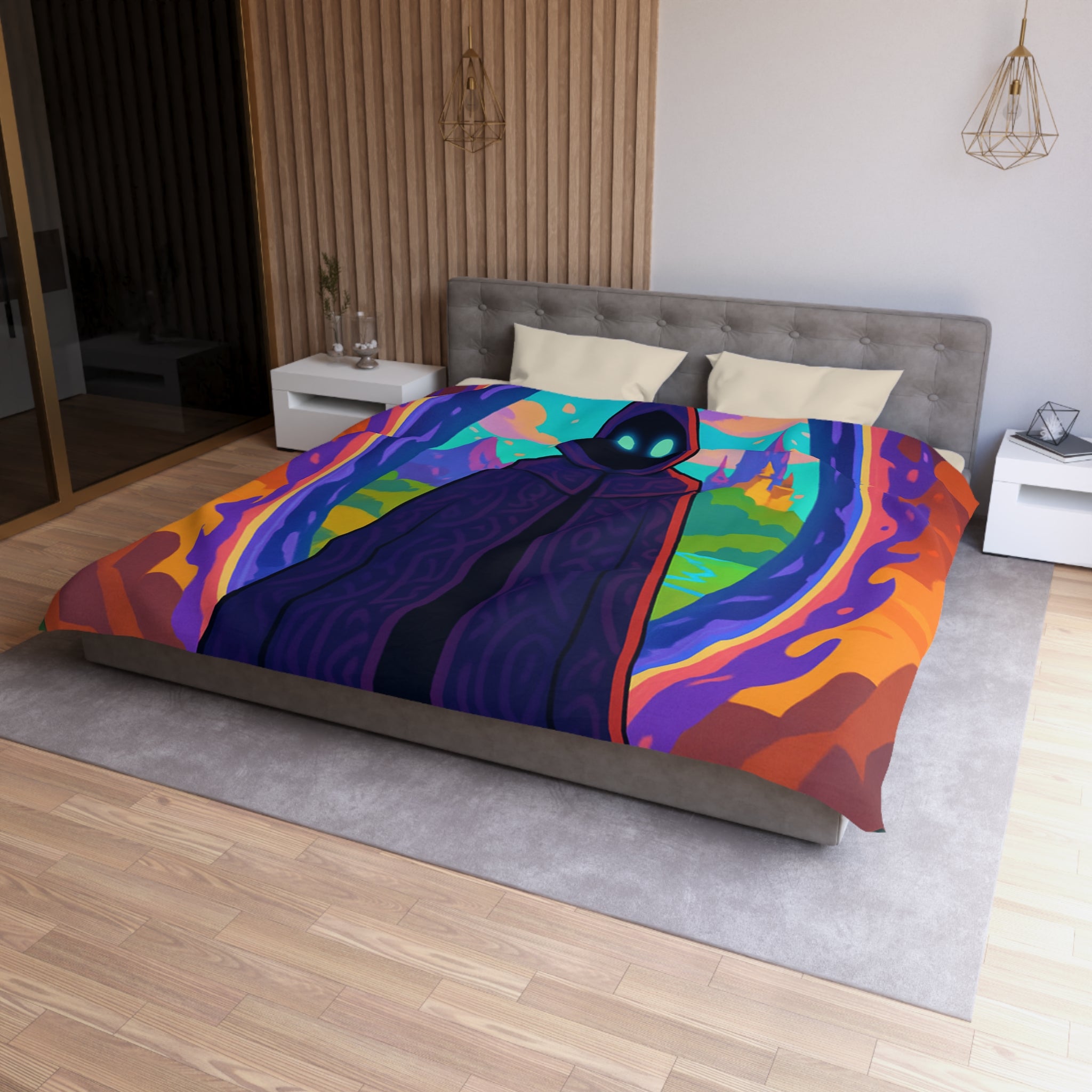 Mystérieux paysage enchanté avec mage en robe près du portail vibrant coloré