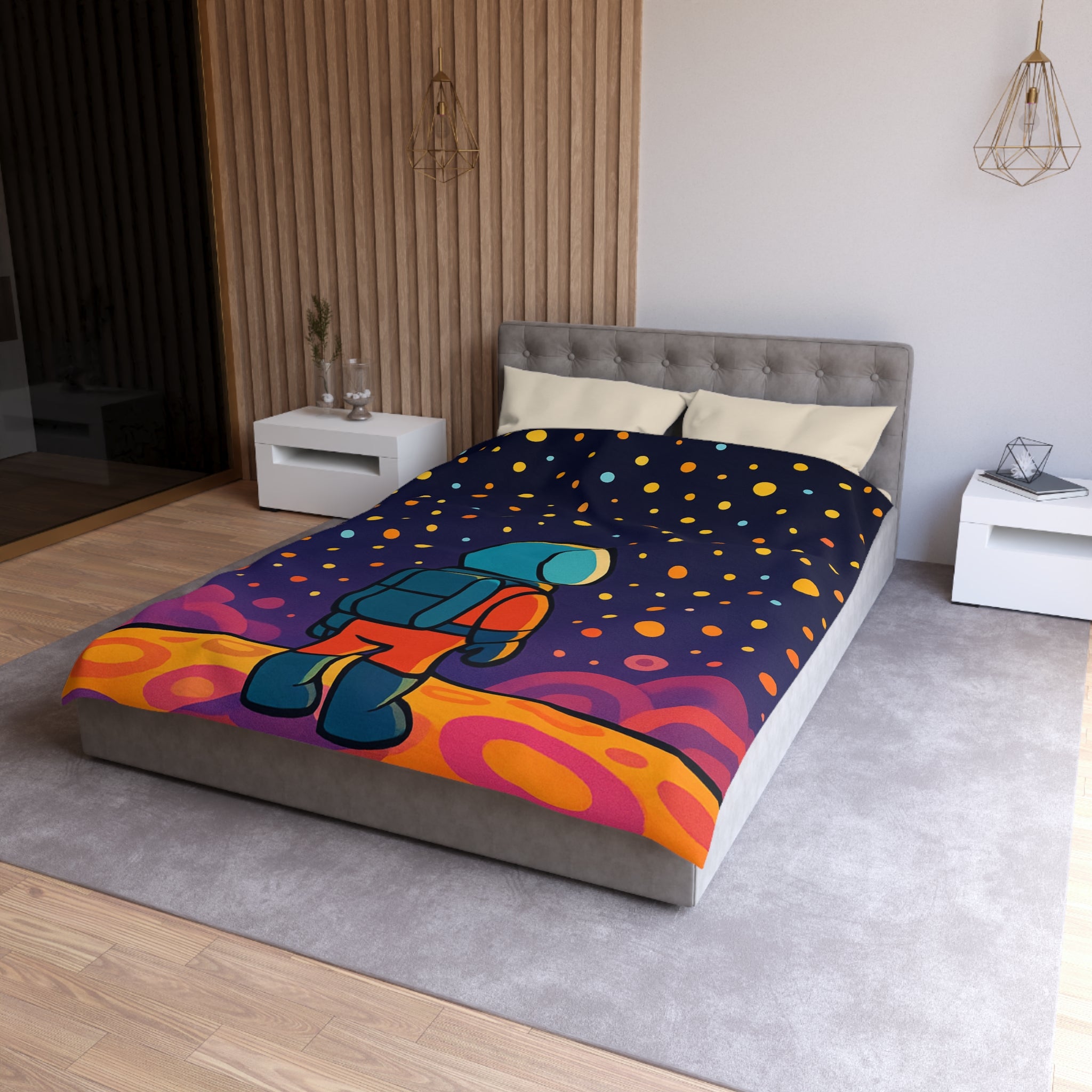 Housse de couette spatiale colorée avec astronaute et étoiles multicolores pour chambre enfant