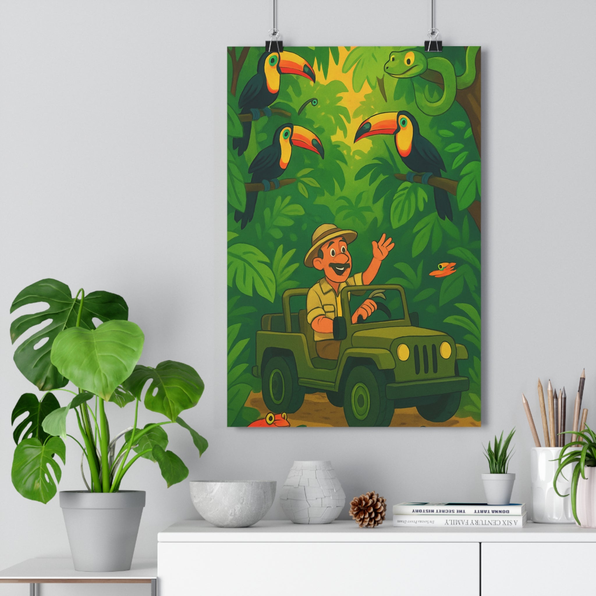 Poster décoratif jungle coloré cartoon vert jaune aventure explorateur enfant salon chambre joyeux graphique