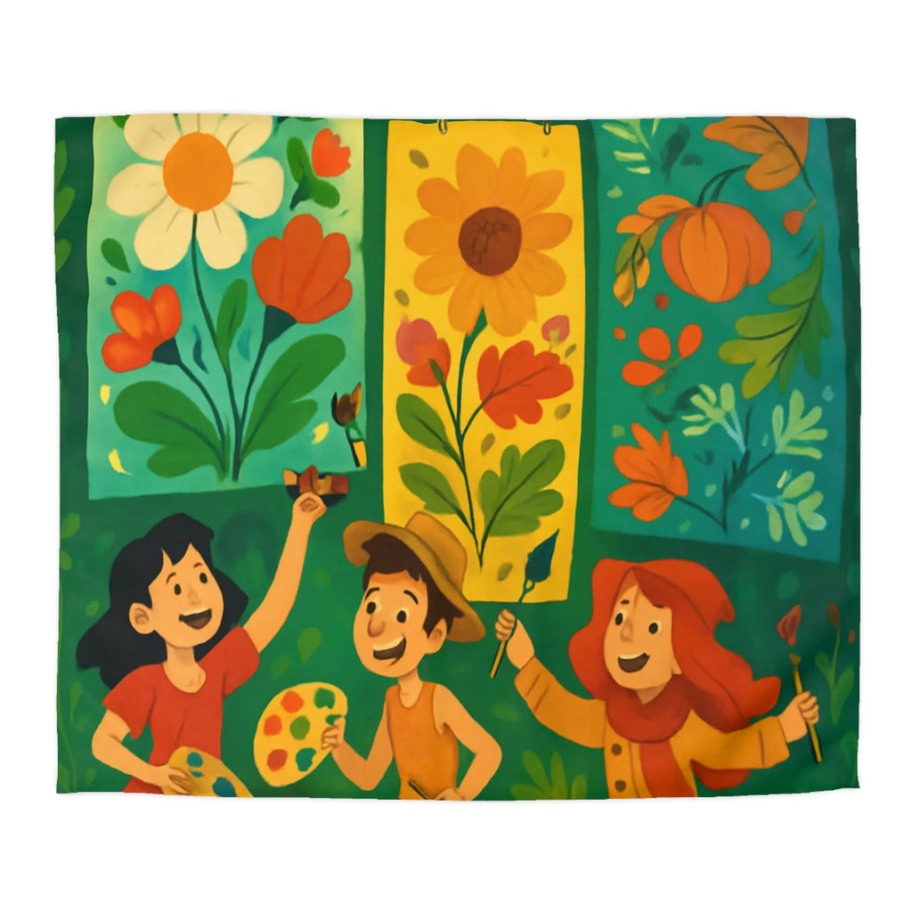 Housse de couette colorée avec design floral et personnages ludiques pour chambre joyeuse