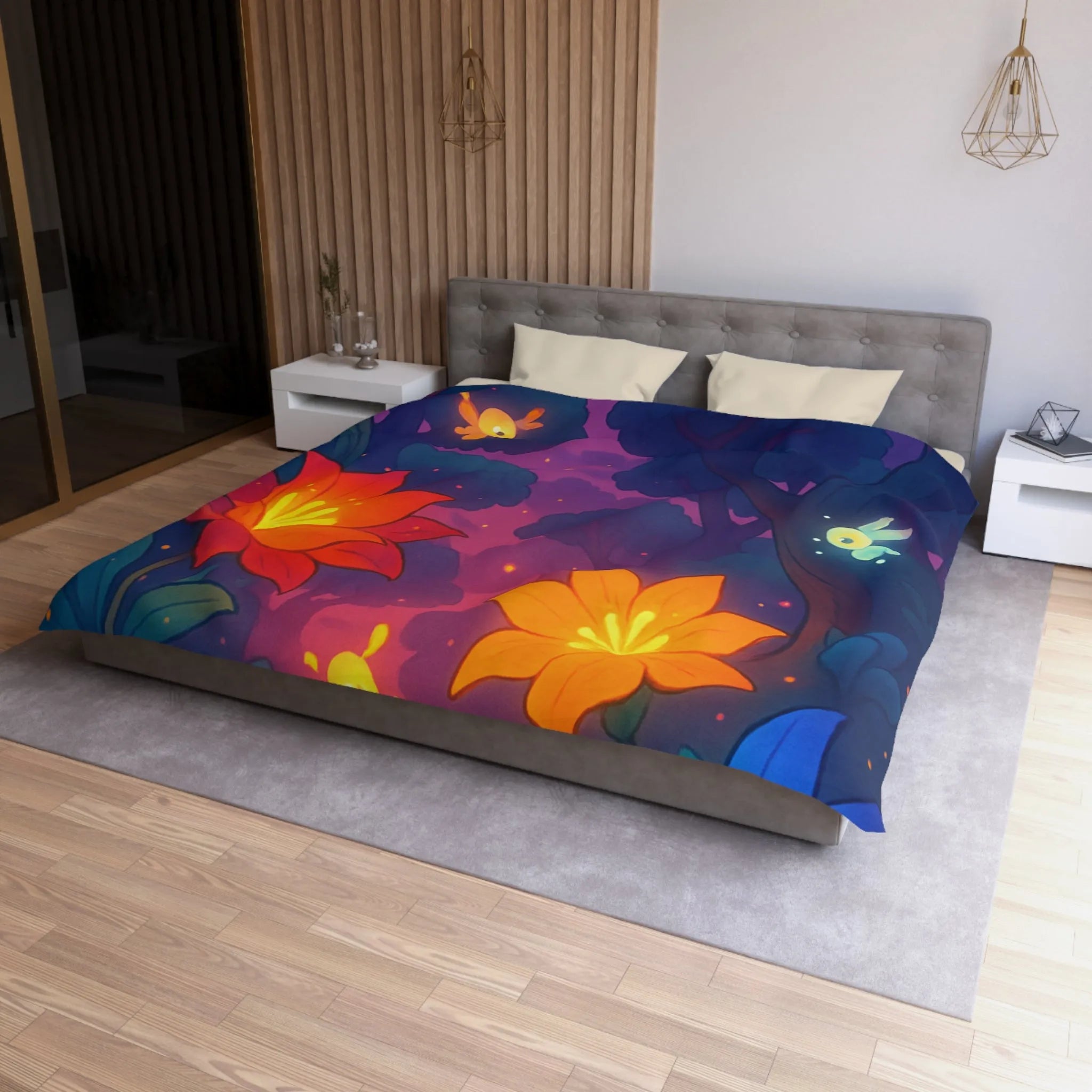 Housse de Couette avec Fleurs Lumineuses et Paysage Enchanté de Forêt Magique Nocturne