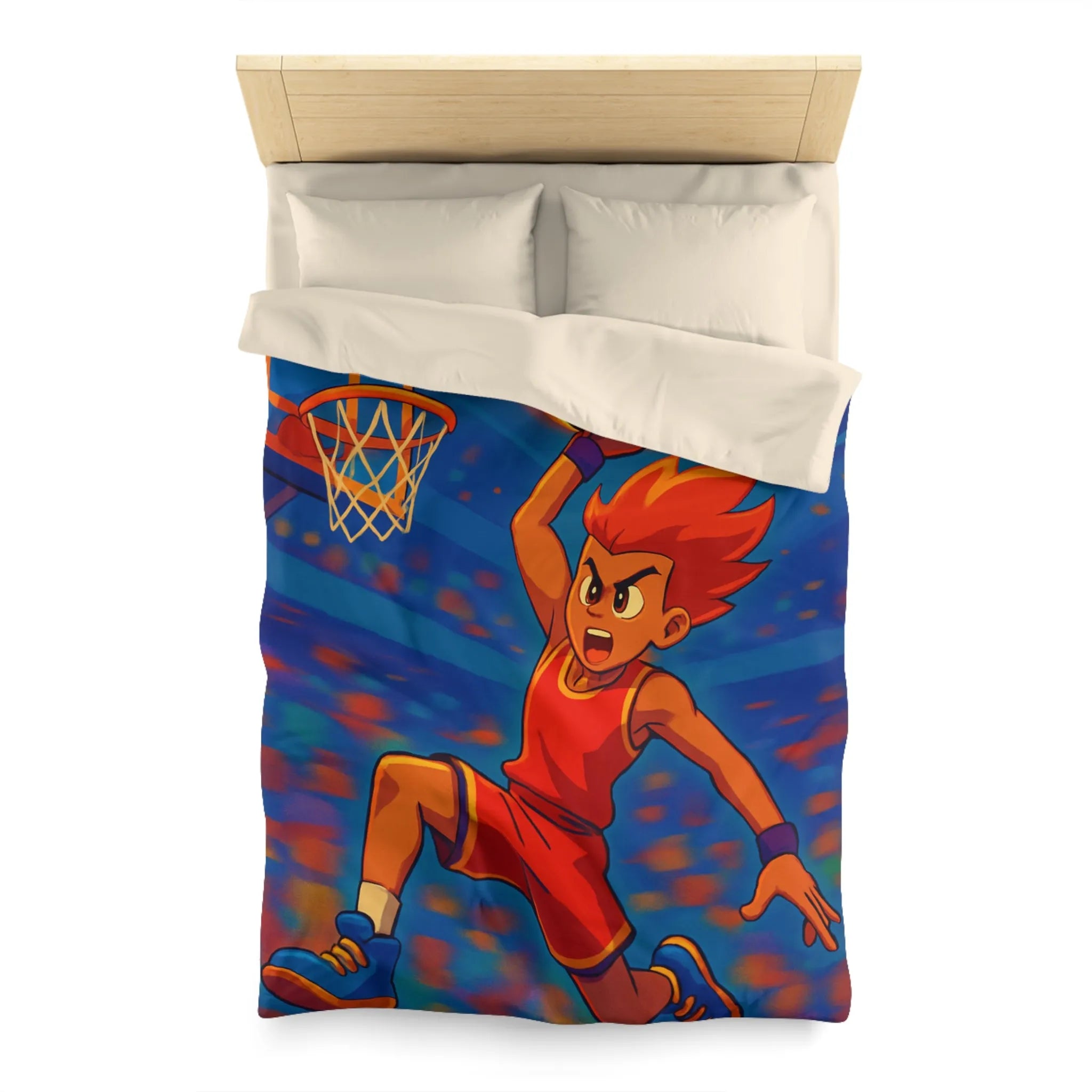 Housse de couette garçon avec joueur de basketball enflammé dans un style animé vibrant