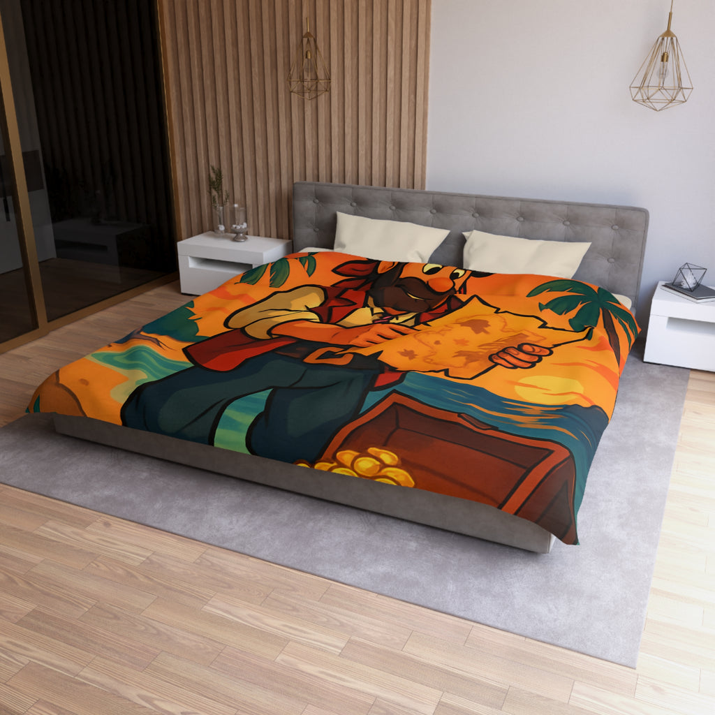 Housse de couette pirate avec coffre au trésor, carte ancienne et palmiers tropicaux