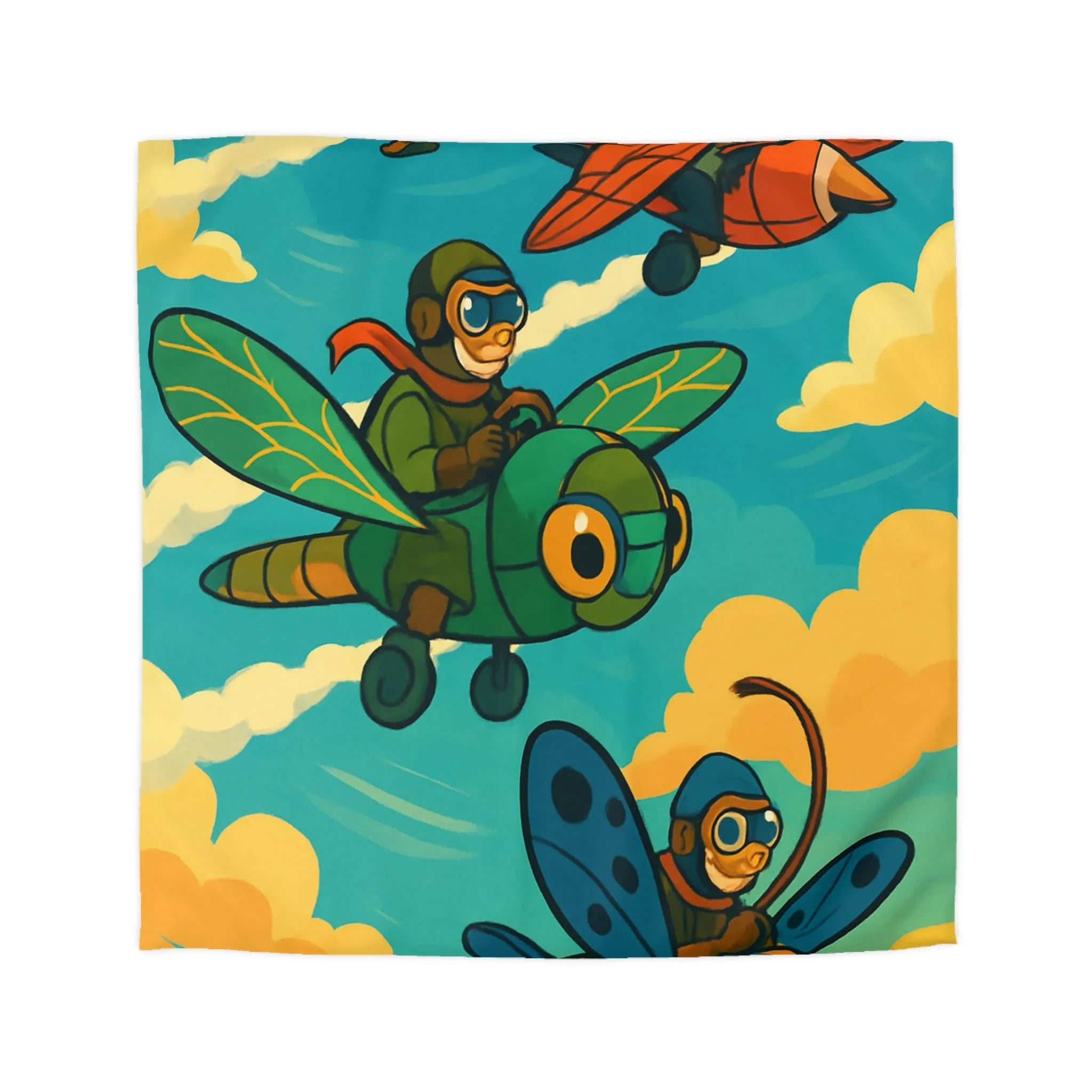 Housse de couette avec motif ludique d'avions insectes sur fond de ciel coloré