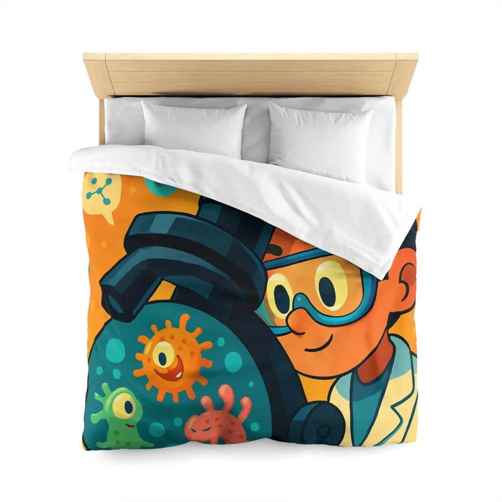 Housse de couette colorée avec jeunes scientifiques et microscope amusant pour enfants