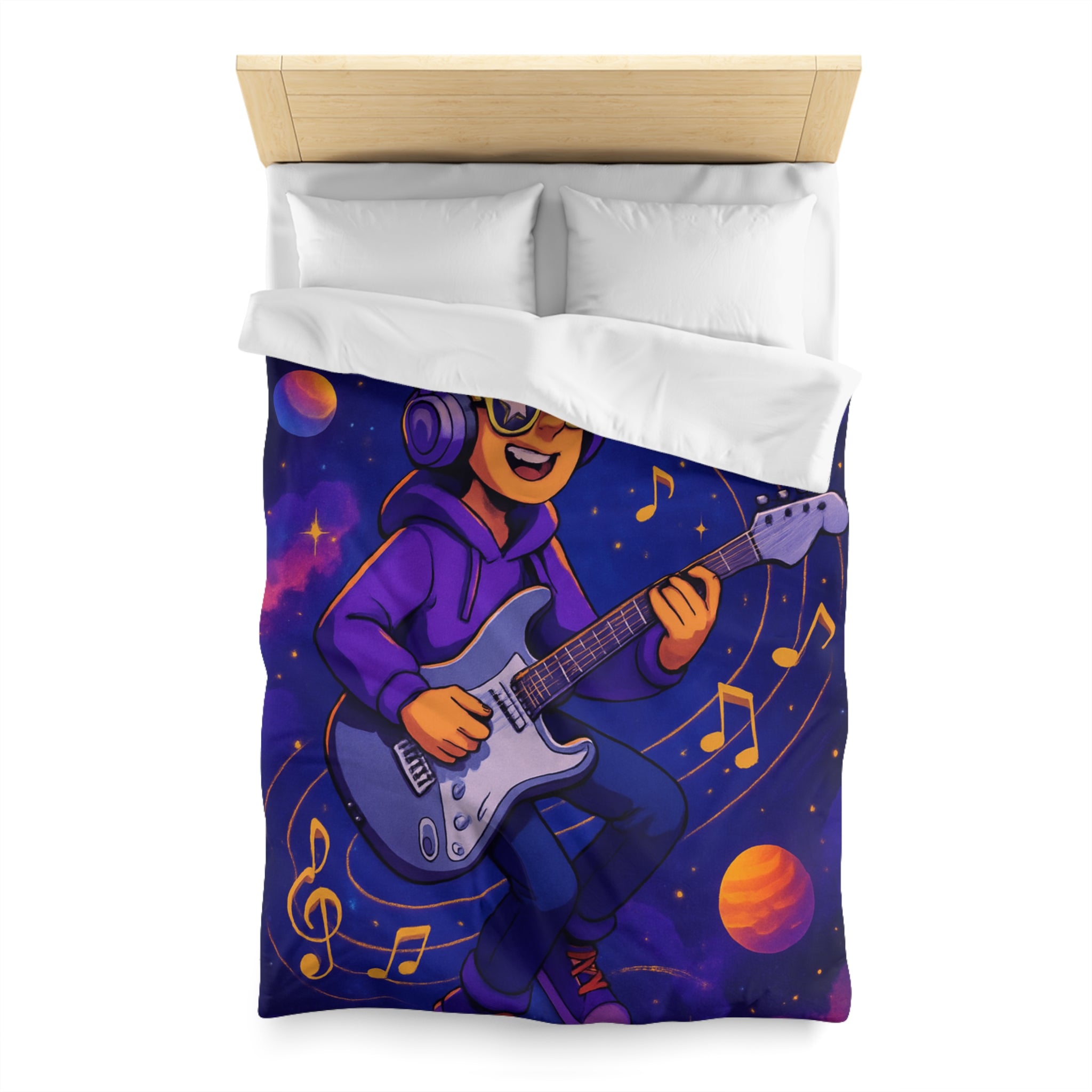 Housse de couette musicale avec planète, guitare et ciel cosmique coloré, ambiance rêveuse