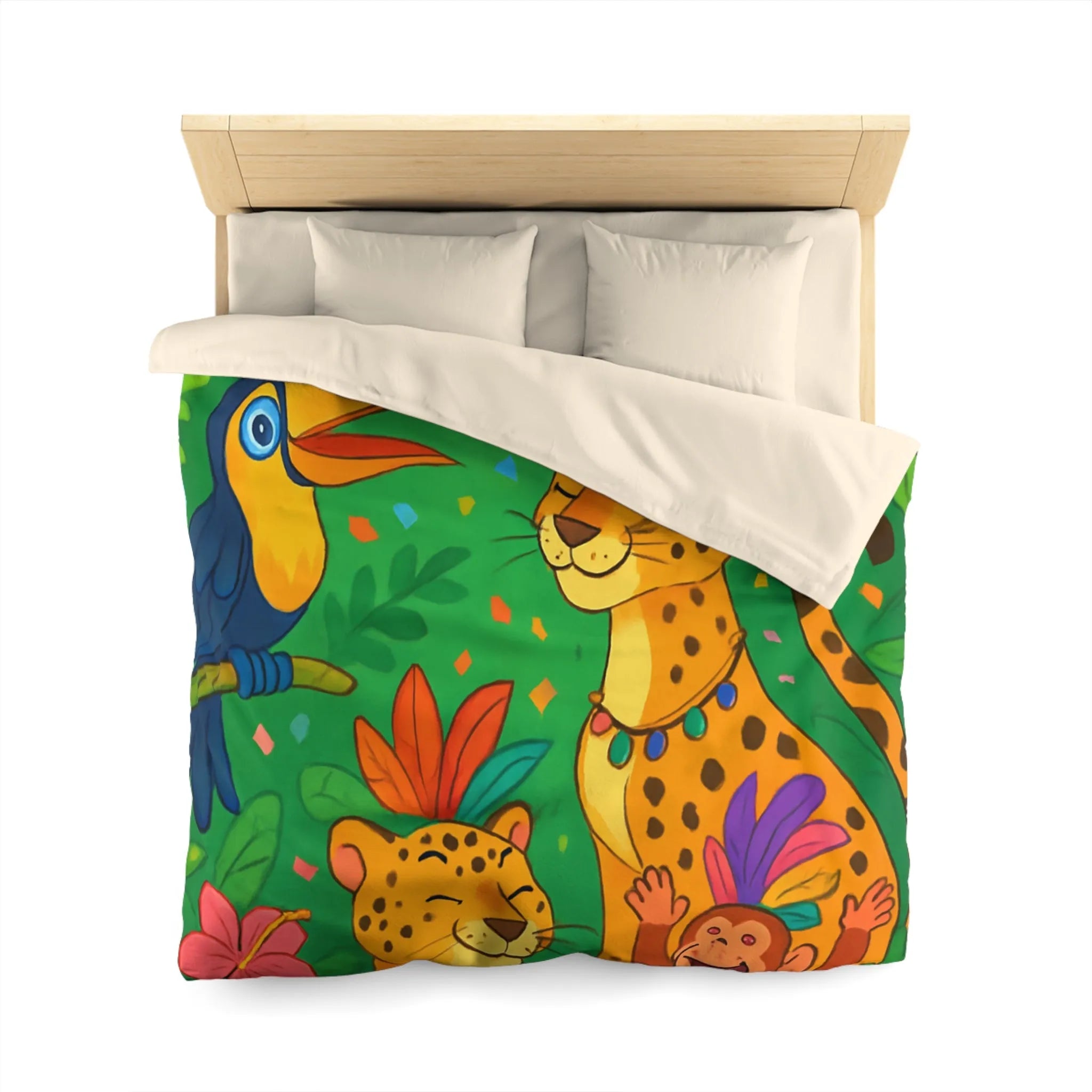 Housse de couette colorée avec animaux exotiques, motif jungle joyeux pour chambre enfant