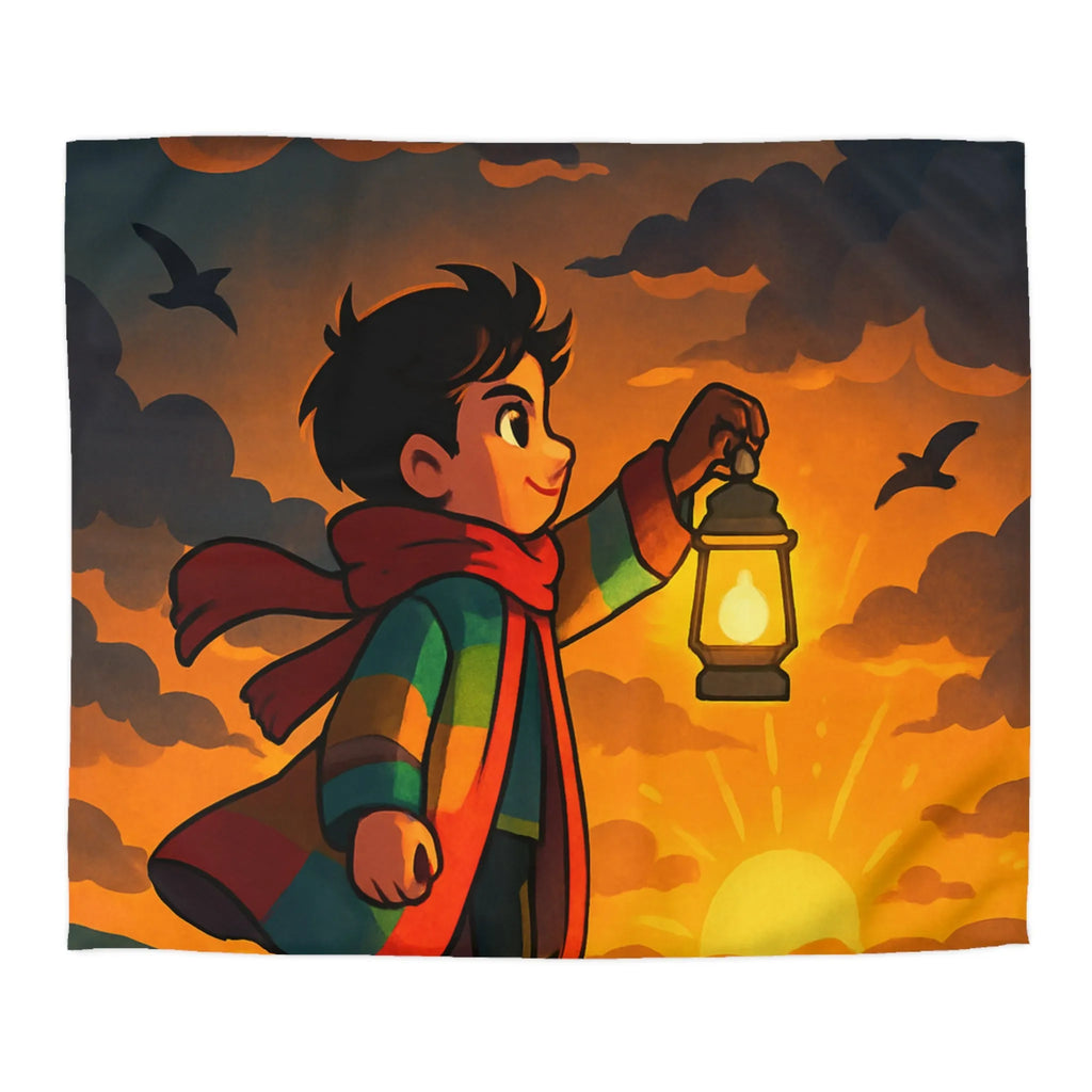 Housse de couette avec illustration enfantine colorée : garçon, lanterne, ciel dramatique
