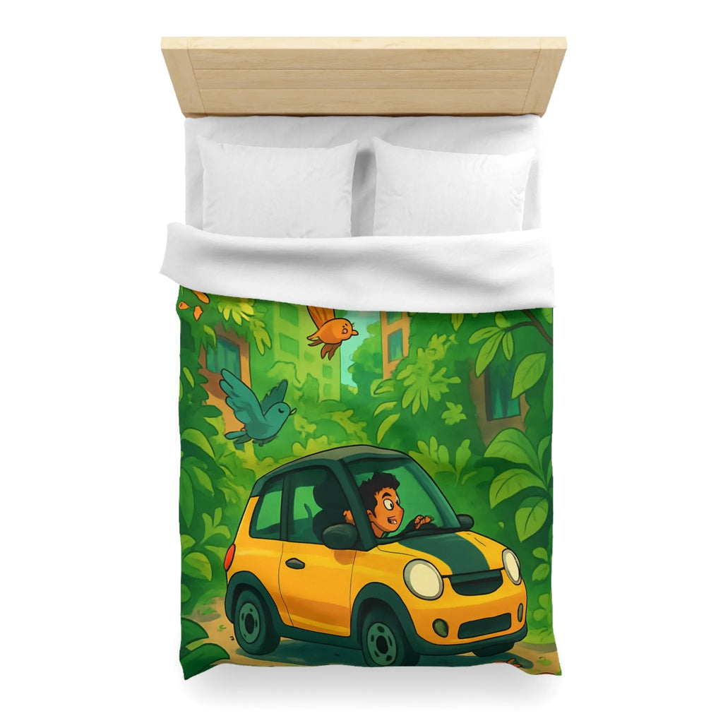 Housse de couette colorée avec voiture jaune et jungle luxuriante pour enfants aventureux