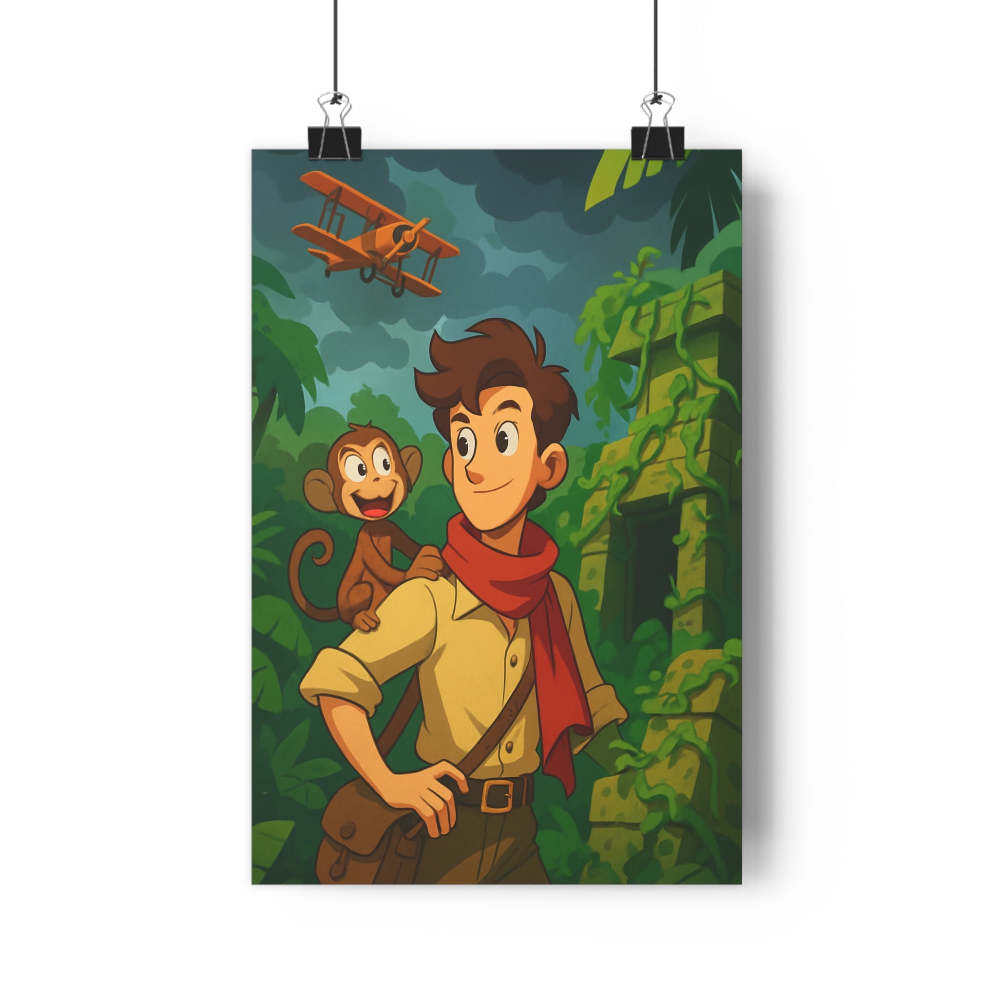 Poster décoratif aventure vert cartoon explorateur enfant chambre mystère singe exotique ruines biplan笑 qualité