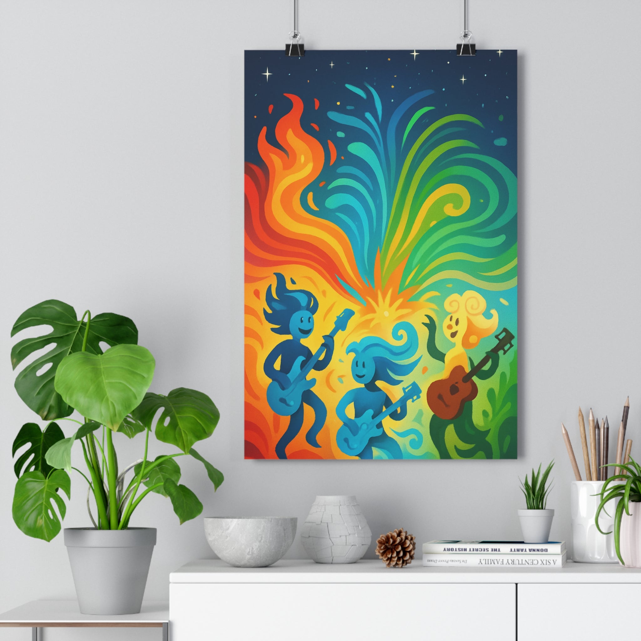 Poster décoratif coloré surréalisme cartoon flammes vagues salon chambre musique joyeux vibrant 30x46 cm
