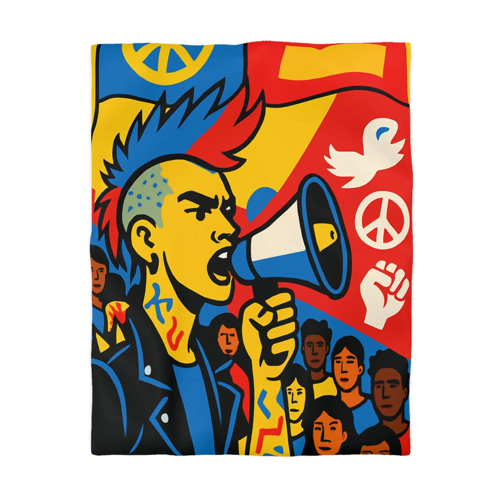 Housse de couette colorée avec illustration dynamique de manifestant engagé pour la paix