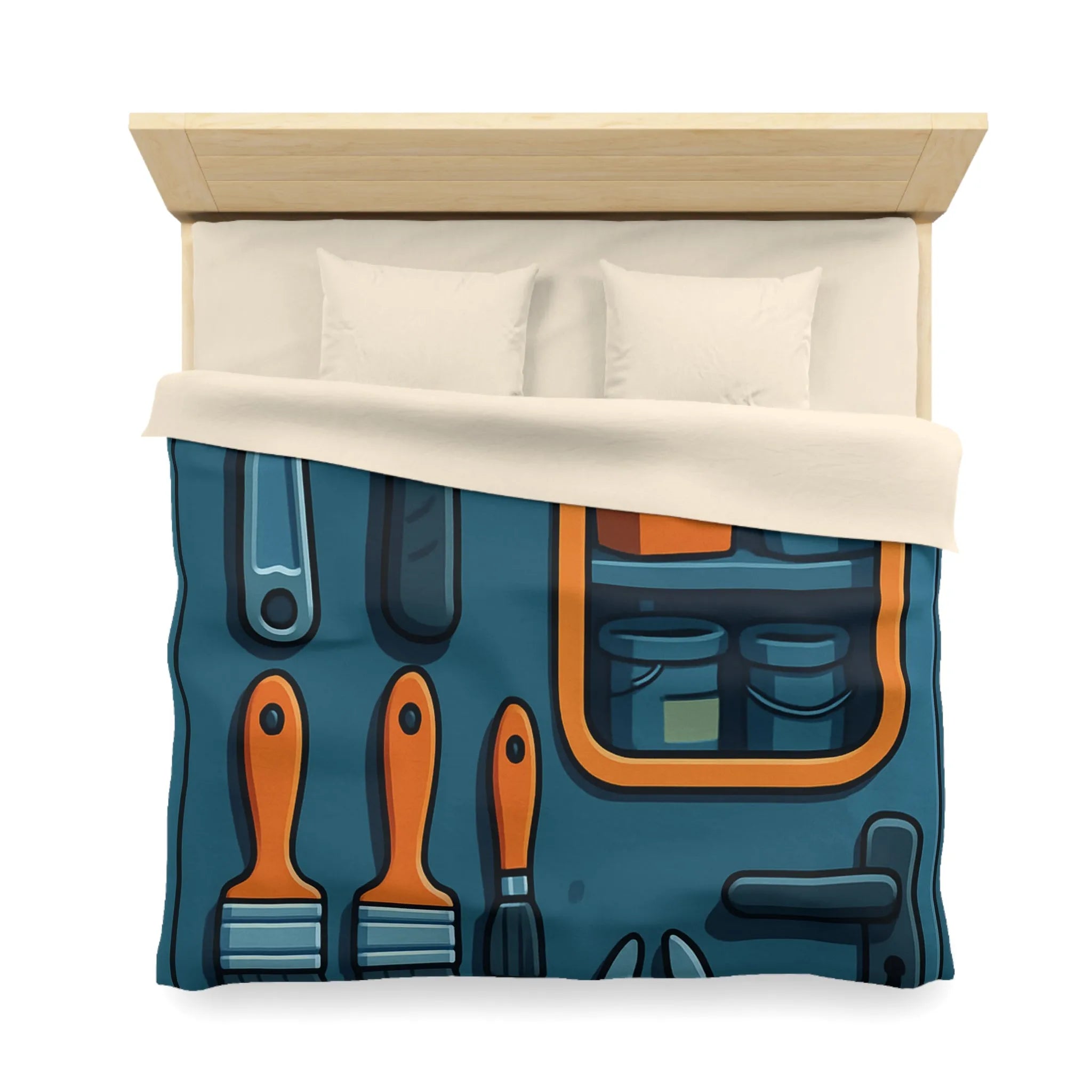 Housse de couette bleue avec outils et étagères pour atelier créatif moderne
