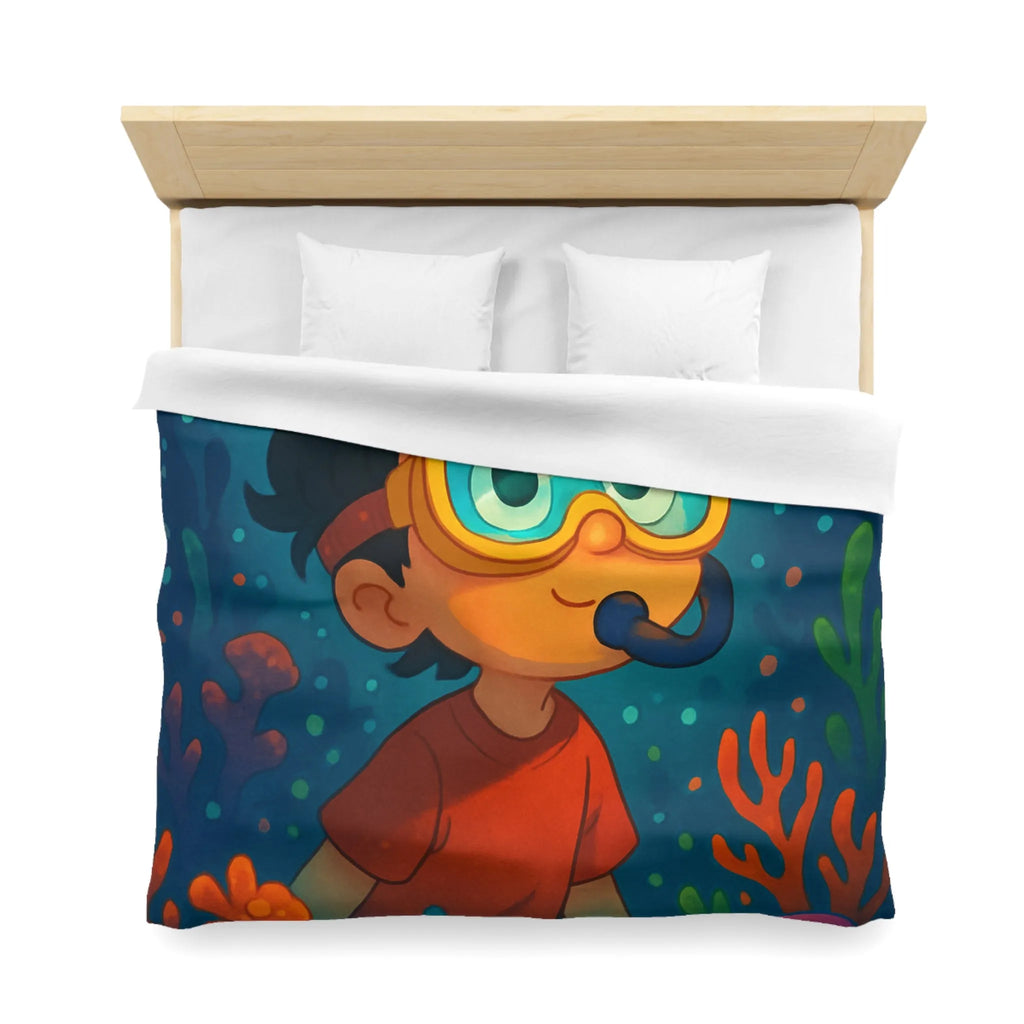 Housse de couette enfantine avec motif sous-marin coloré poisson et garçon plongeur dessiné