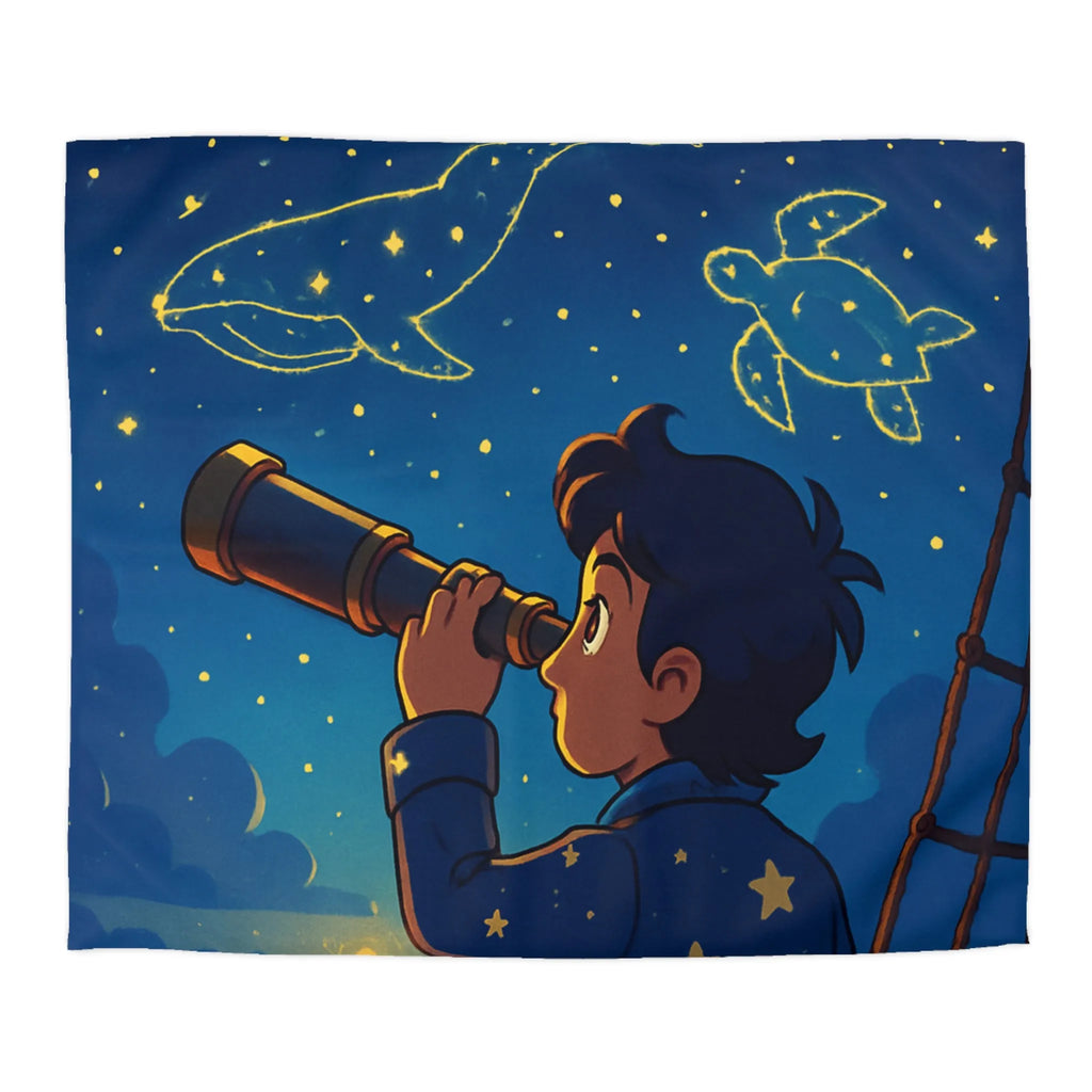 Housse de Couette Étoilée Enfant Rêveur Observant Constellations Célestes Bleu Nuit