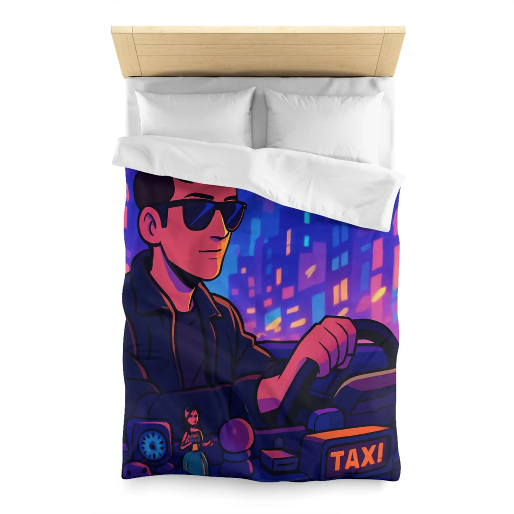 Housse de couette avec illustration rétro taxi urbain style néon pour chambre moderne