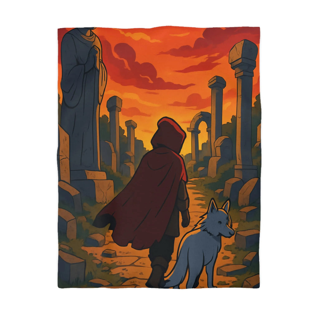 Housse de Couette Enfant Rouge et Blanc, Chemin Énigmatique du Crépuscule, Statue Mystérieuse