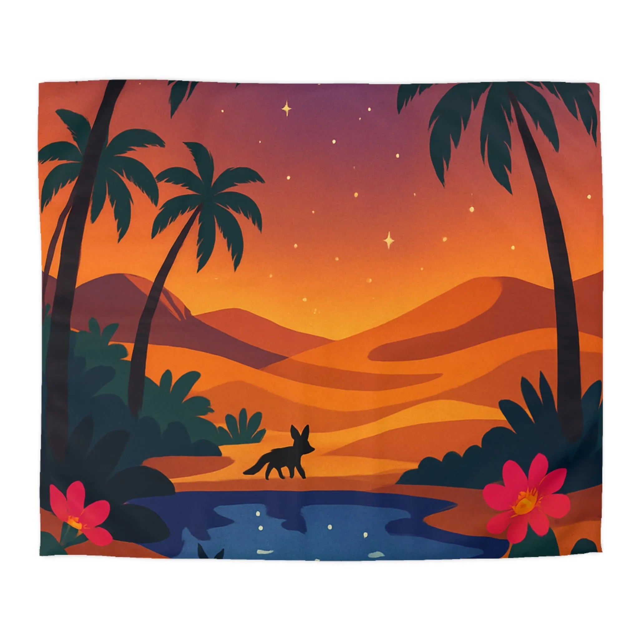 Housse de couette exotique avec paysage désertique et palmiers sous ciel étoilé