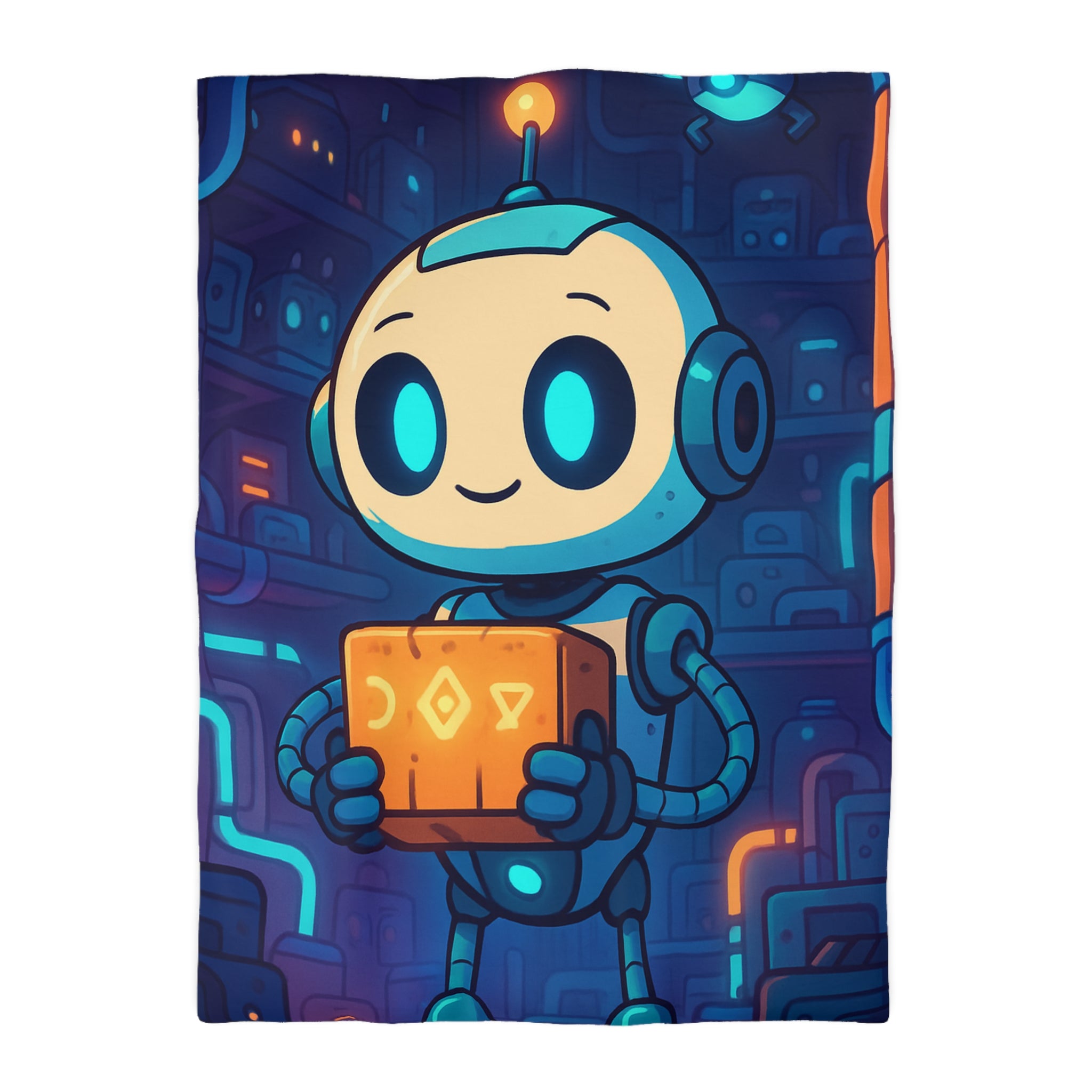 Housse de couette robot ludique bleu avec boîte mystérieuse ambiance futuriste enfantine