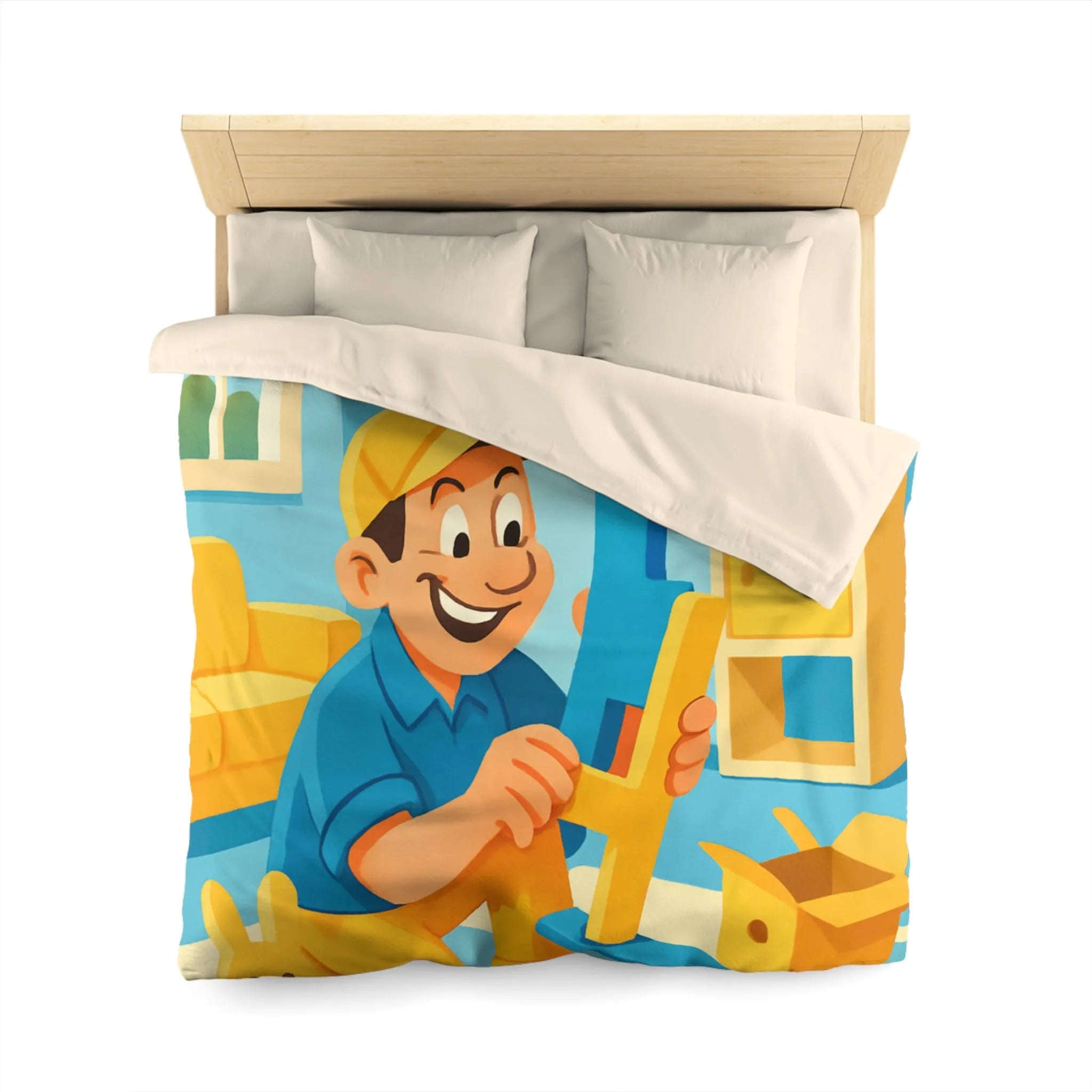 Housse de couette colorée avec personnage joyeux assemblant des jouets dans une pièce ensoleillée