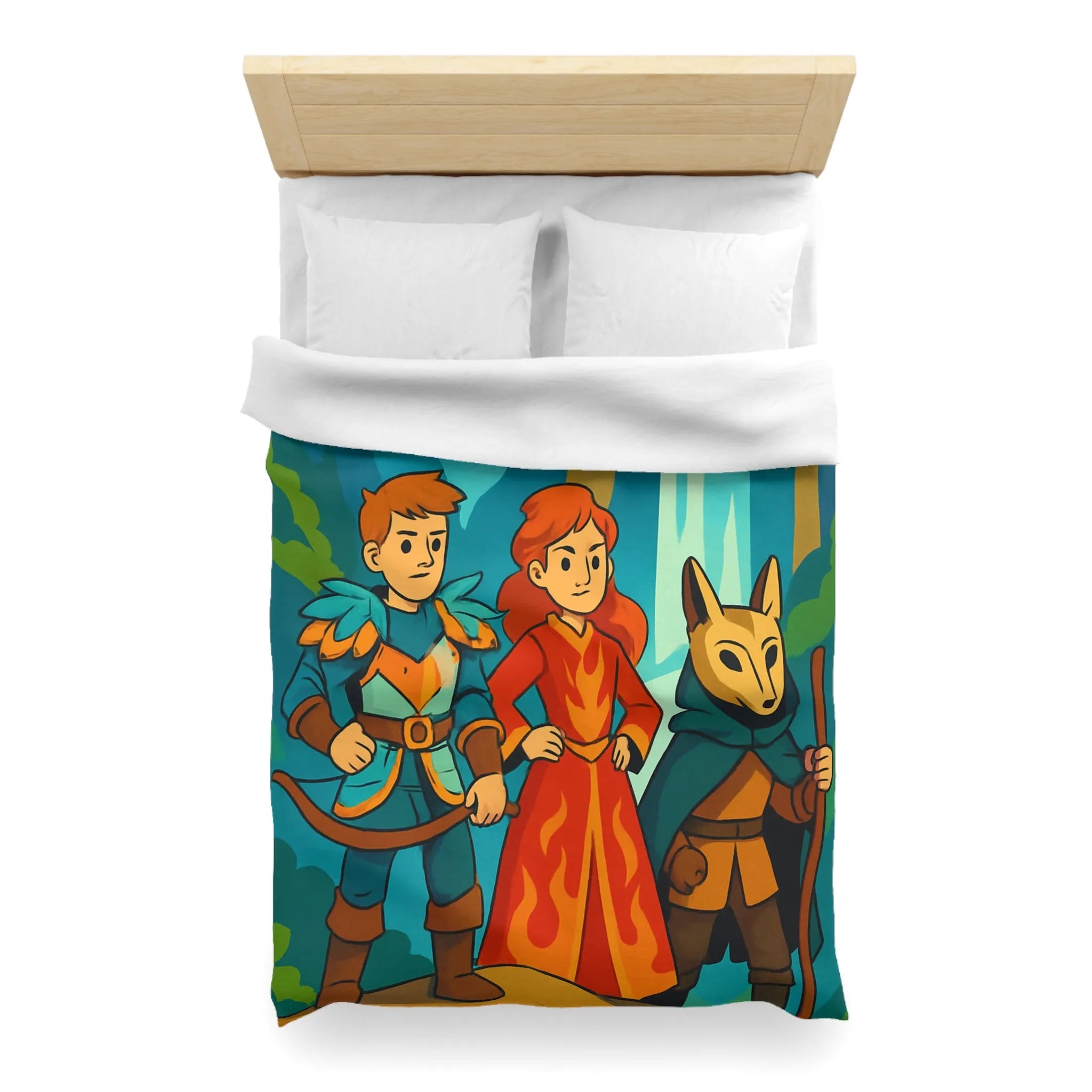 Housse de couette avec illustration aventureuse de personnages devant une cascade majestueuse