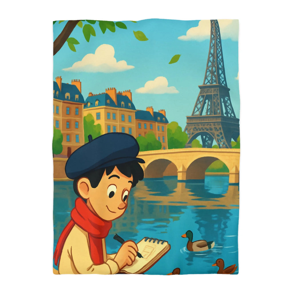 Housse de Couette Artistique Parisienne avec Enfant et Tour Eiffel au Printemps