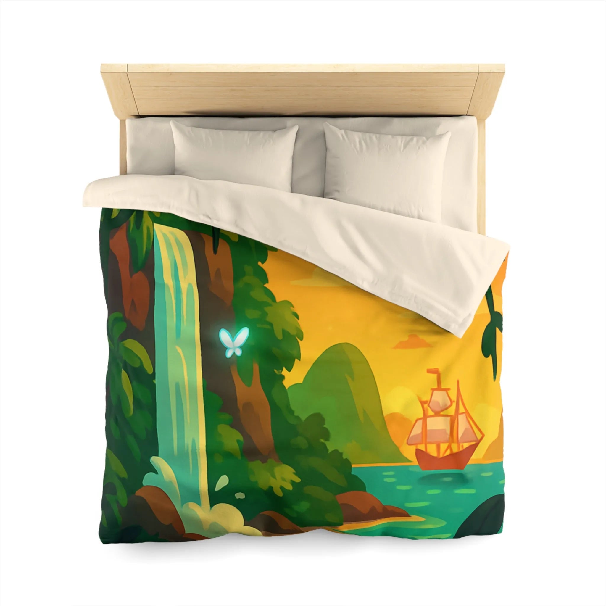 Housse de couette exotique avec cascade, papillons lumineux et bateau au coucher du soleil