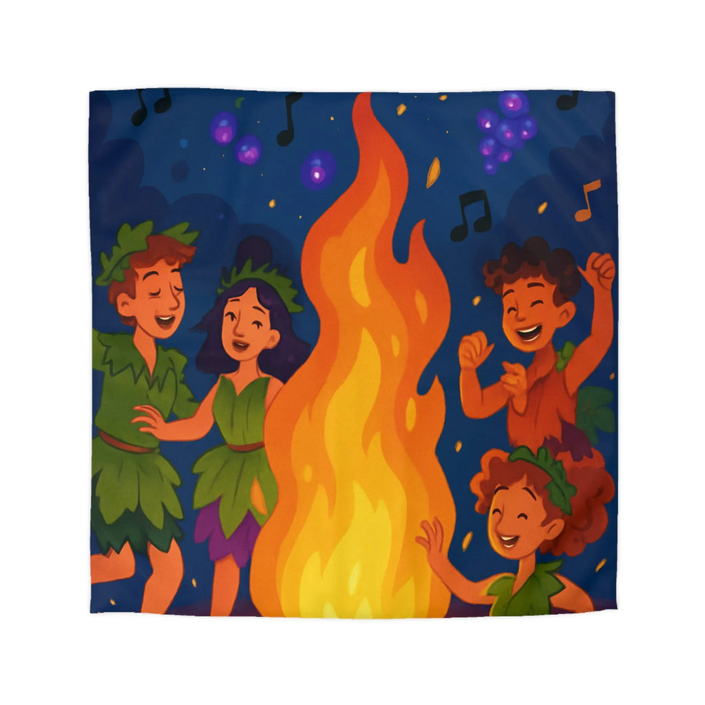 Housse de couette joyeuse autour d'un feu de camp avec enfants et raisins dansants