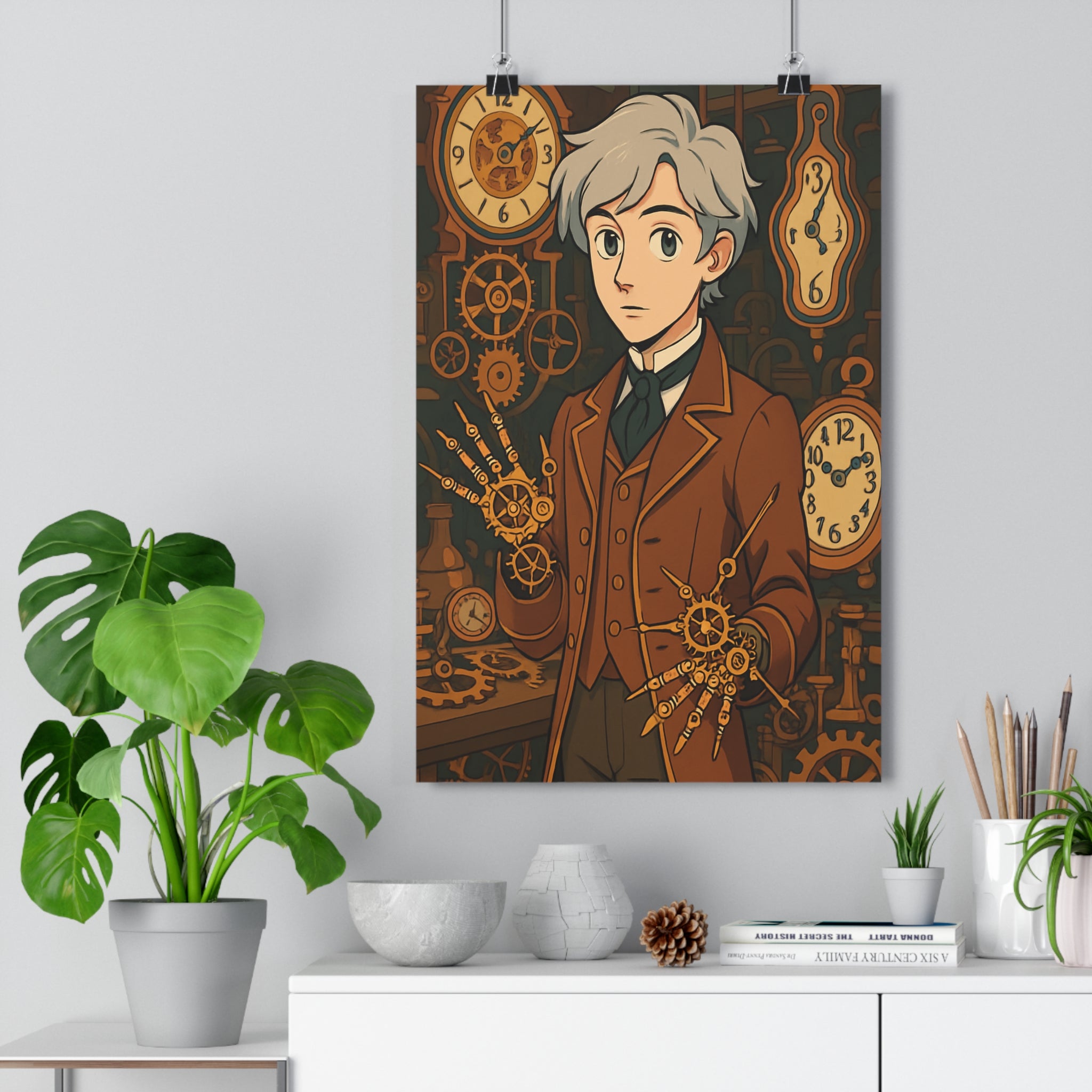 Poster décoratif steampunk rétrofuturiste brun doré créatif bureau mécanique fantastique horloges engrenages jeune personnage