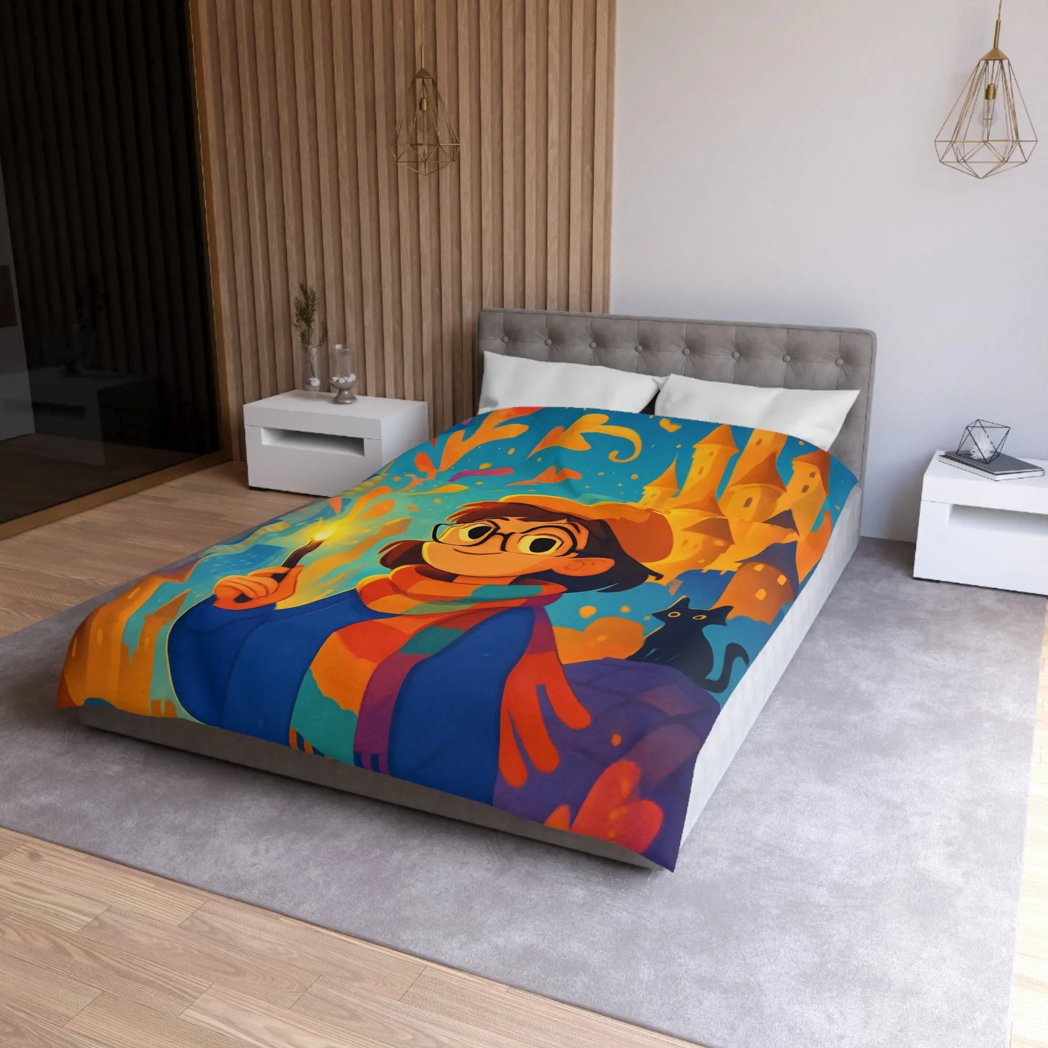 Housse de Couette Éclatante: Jeune Magicienne aux Couleurs Vives et Château Mystérieux