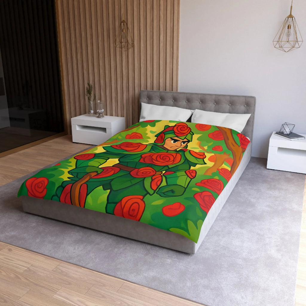 Housse de couette au design chevalier floral avec roses rouges et feuillage vert