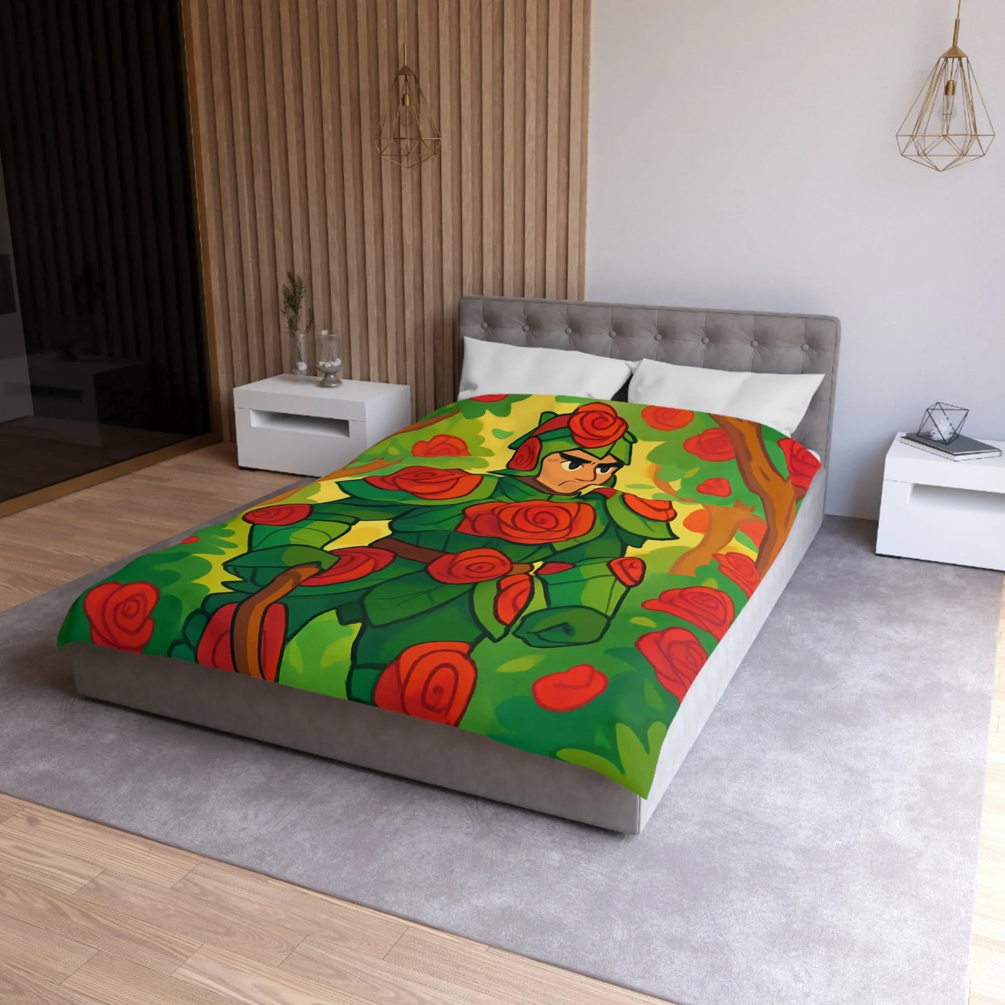 Housse de couette au design chevalier floral avec roses rouges et feuillage vert