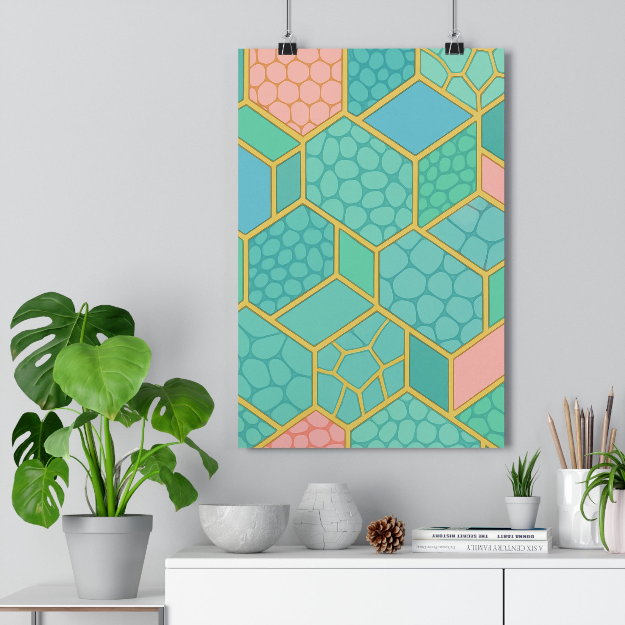 Poster décoratif géométrique moderne bleu vert rose salon chambre contemporain artistique dynamique tendance qualité