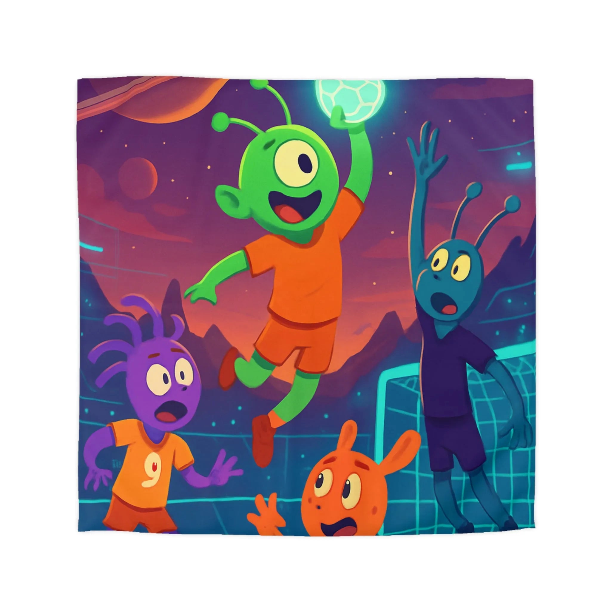 Housse de couette football spatial avec extraterrestres colorés jouant sous un ciel étoilé