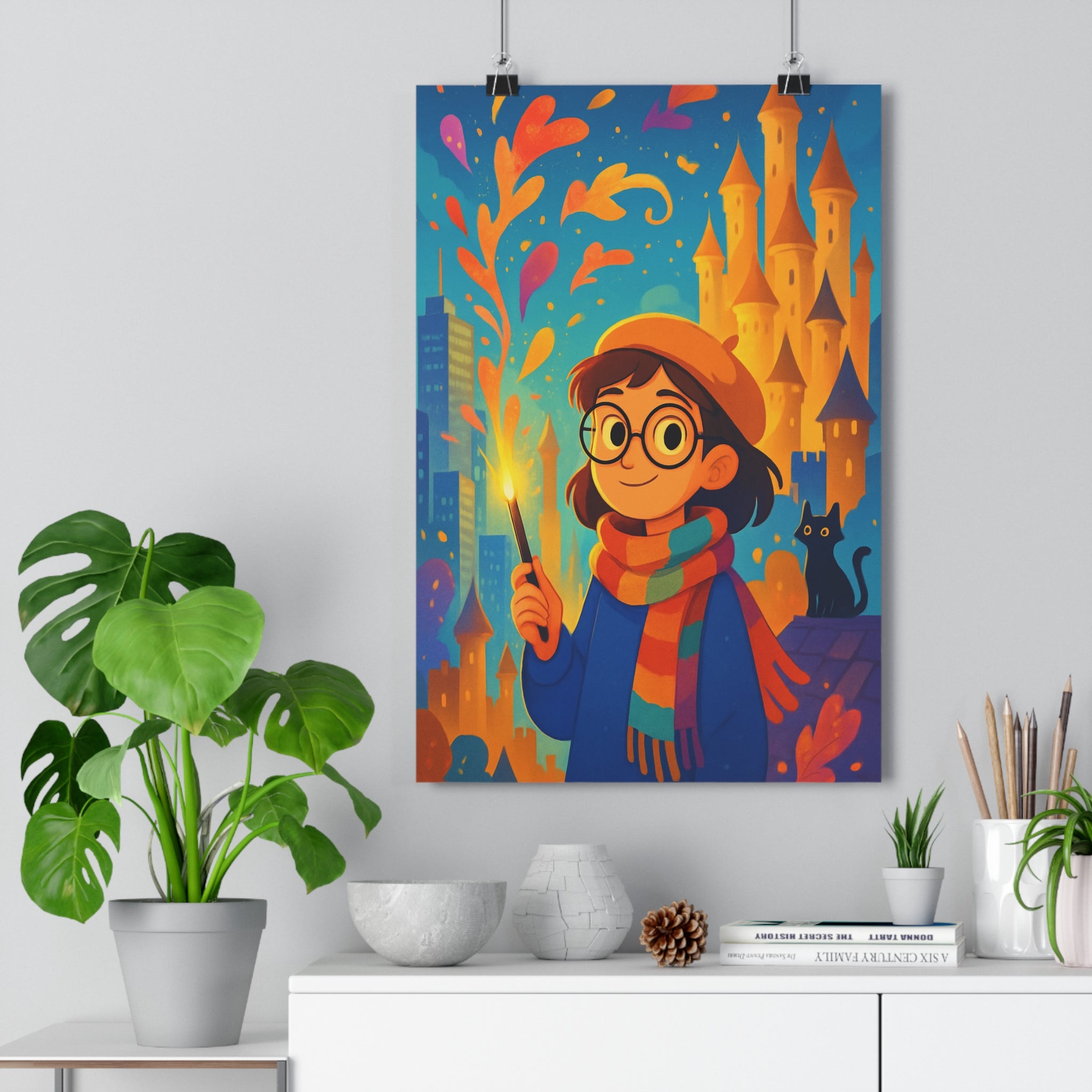 Poster décoratif magie urbaine orange bleu violet cartoon joyeux enfant salon moderne fantastique enchantement