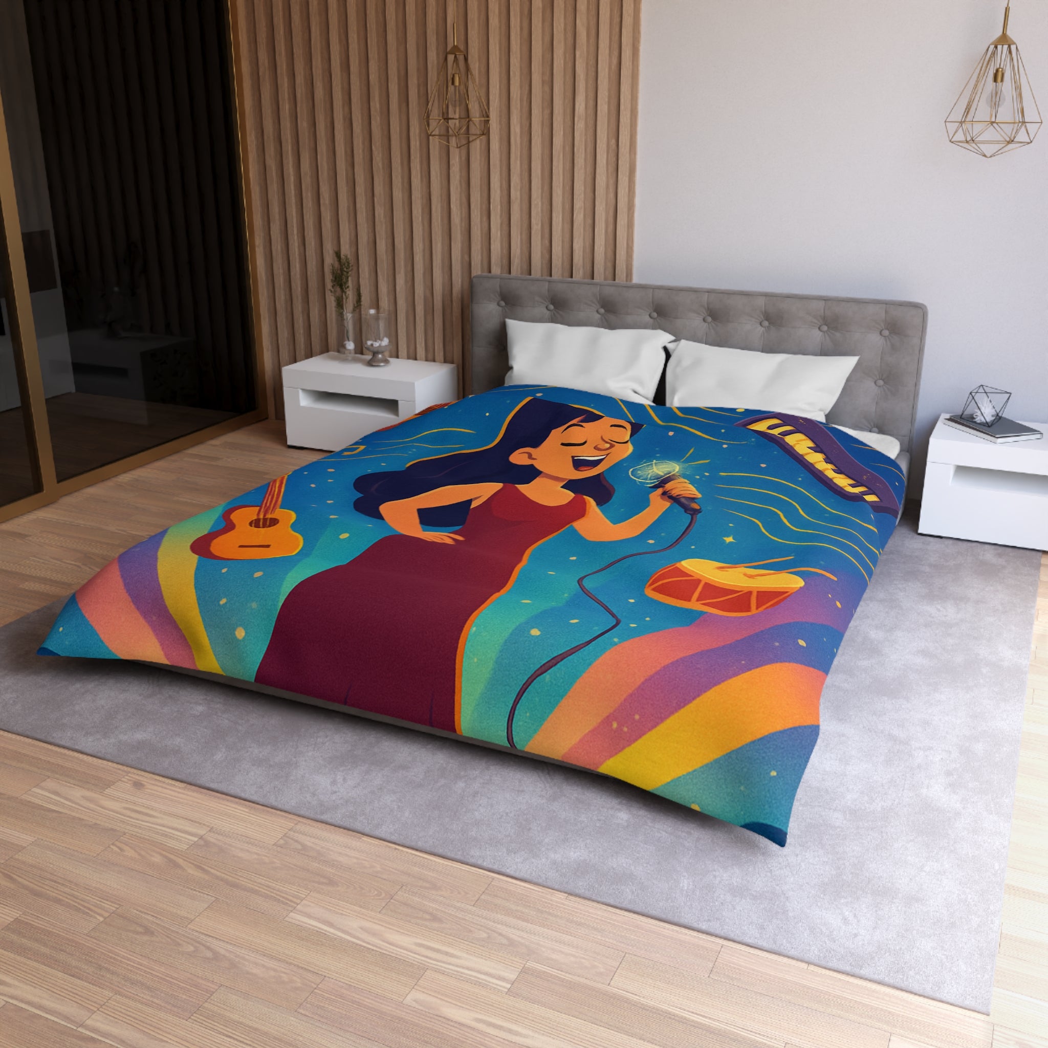 Housse de couette vibrante avec scène musicale, chanteuse et instruments illustrés colorés