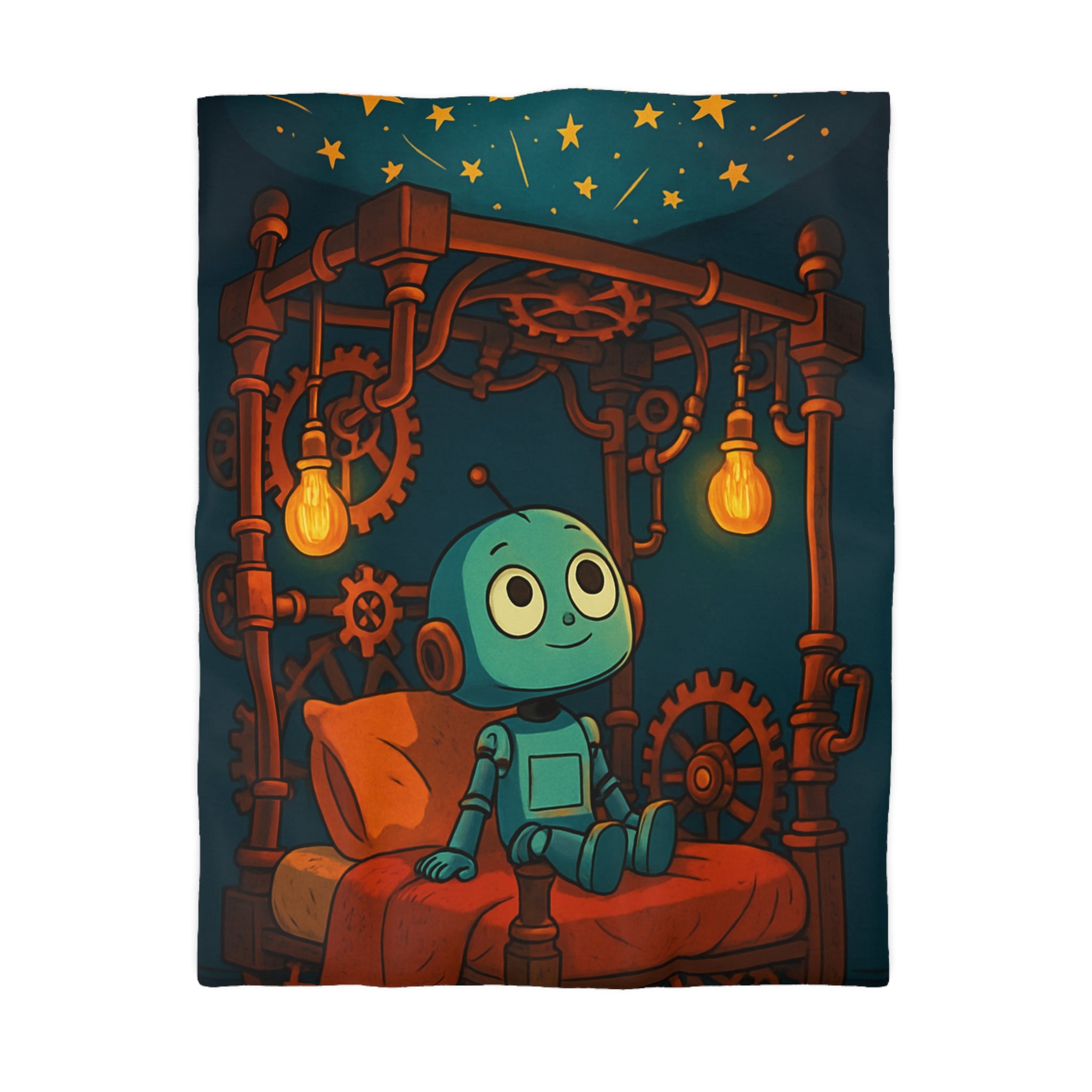 Housse de couette robot bleu rêveur avec étoiles et ambiance steampunk pour enfants