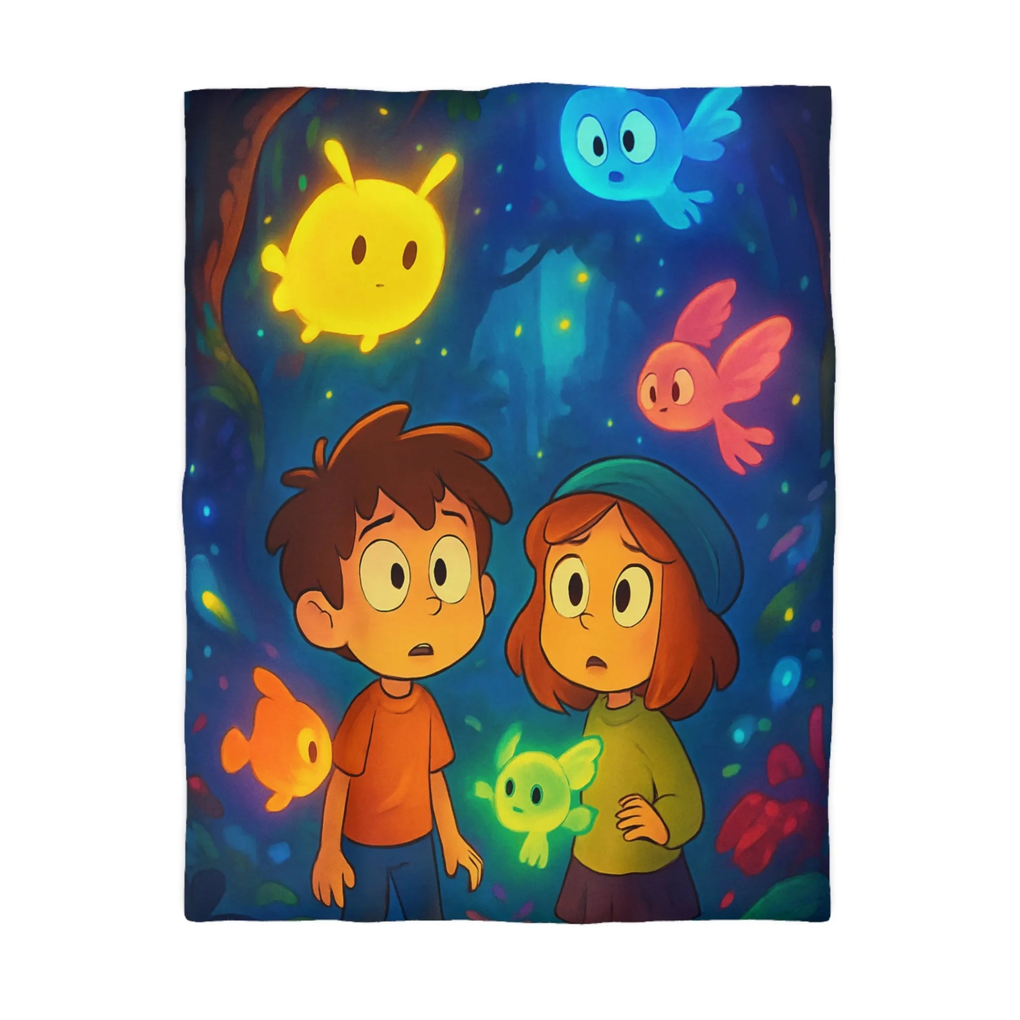 Housse de Couette Enfant Fantaisie avec Créatures Lumineuses dans Forêt Mystérieuse et Enchantée