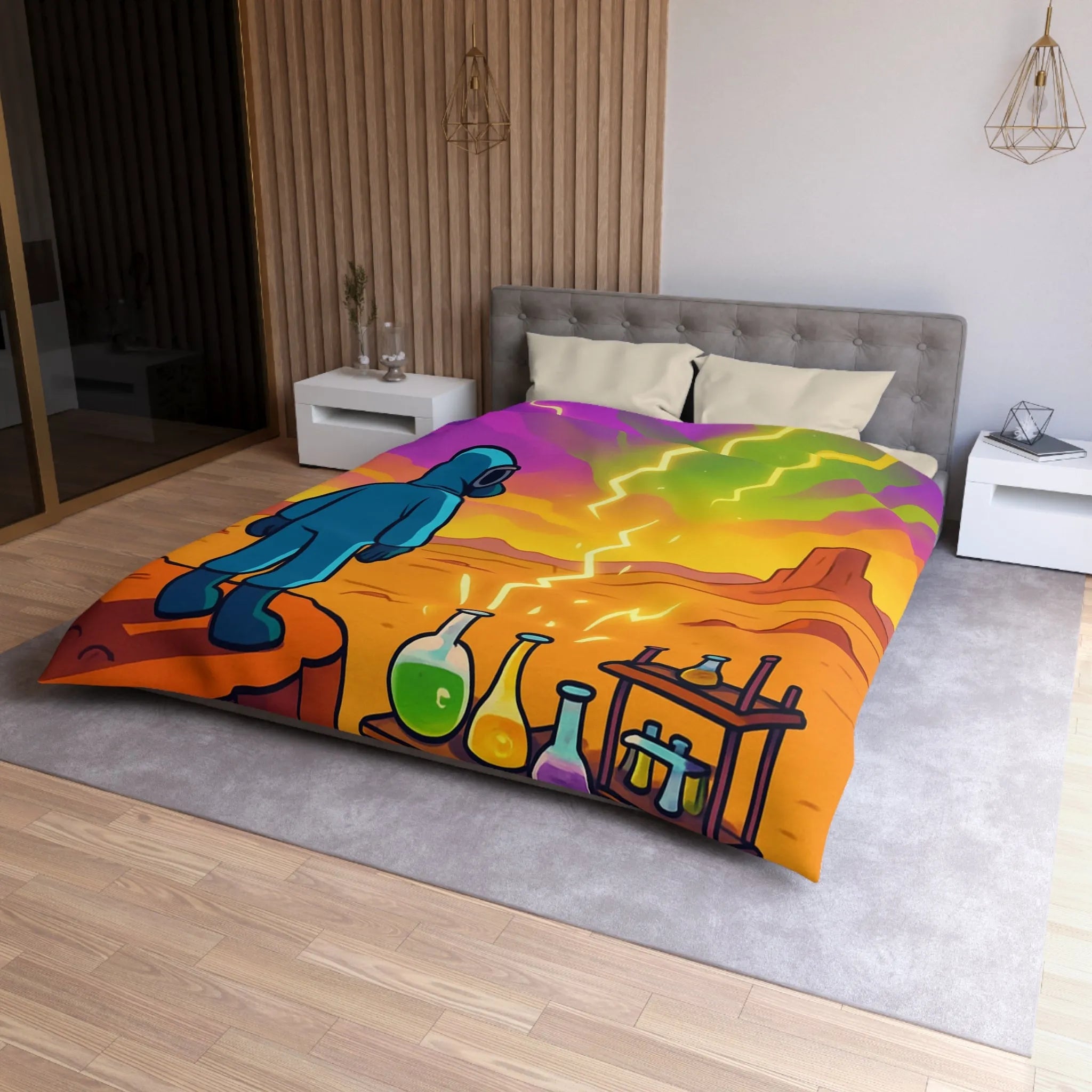 Housse de couette ciel extraterrestre arc-en-ciel avec scientifique et installations chimiques