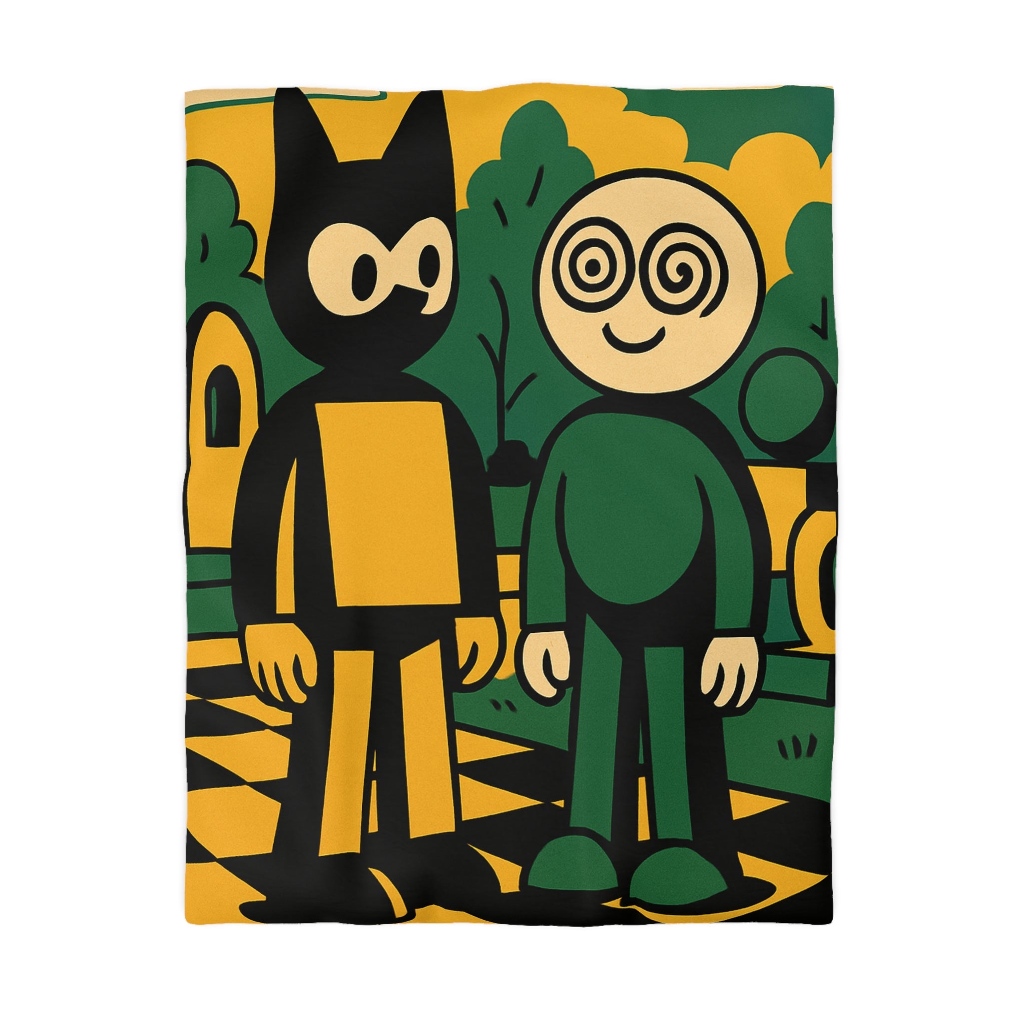 Housse de couette style pop-art cartoon avec personnages et paysage graphique original