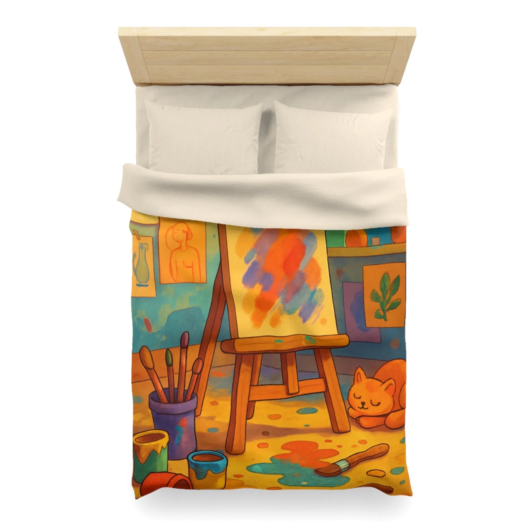 Housse de couette artistique colorée avec chevalet et chat pour une chambre cosy