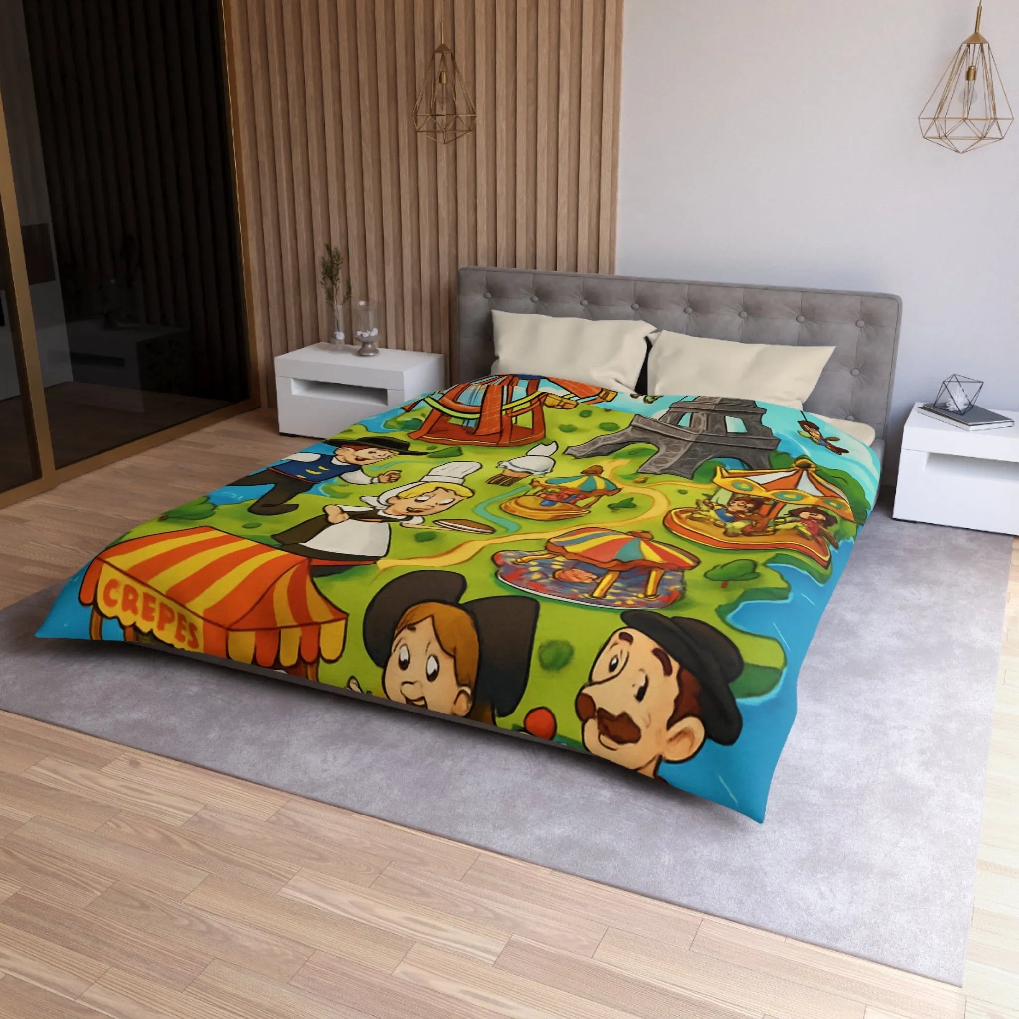 Housse de couette illustrant l'amusement et la culture française dans un parc coloré