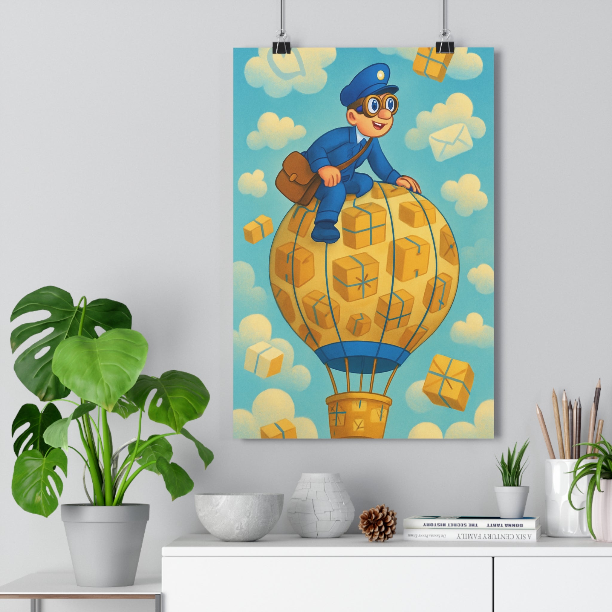 Poster décoratif aventure aérienne bleu jaune chambre enfant joyeux moderne ludique ballon nuages montgolfière